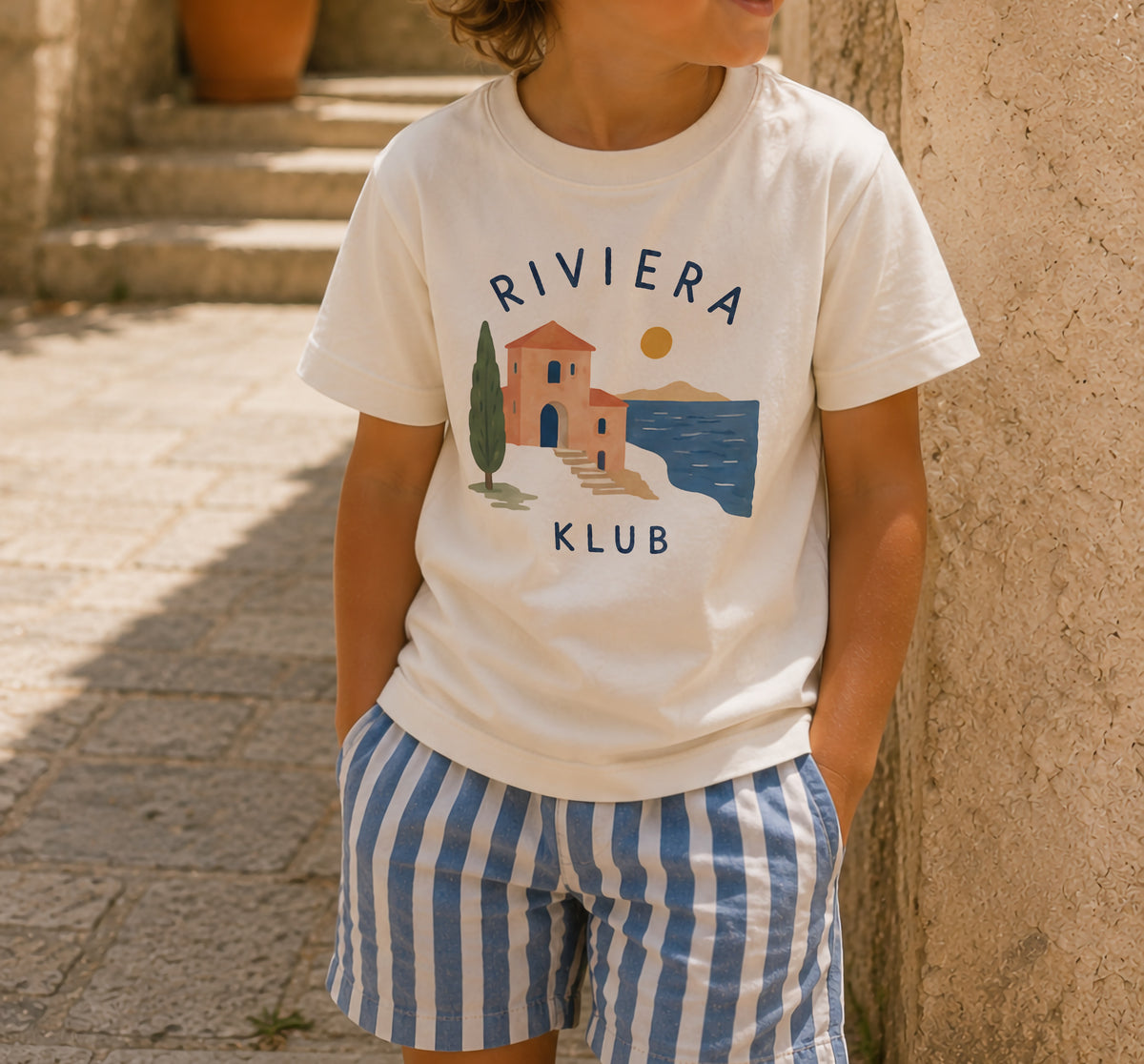 Riviera Klub Kids T-Shirt - Organic Cotton Mediterranean Coastal Graphic Tee, Summer Kids Clothing