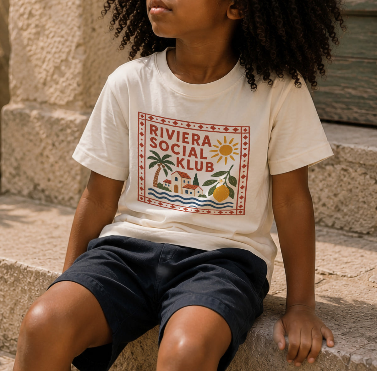 Riviera Social Klub Organic Cotton Kids T-Shirt | Mediterranean Graphic Tee, Coastal Summer Clothing