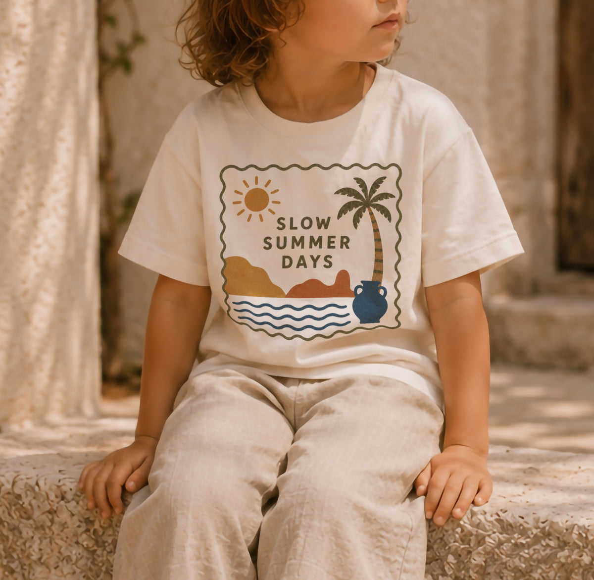 Slow Summer Days Kids Organic Cotton T-Shirt | Mediterranean Summer Graphic Tee