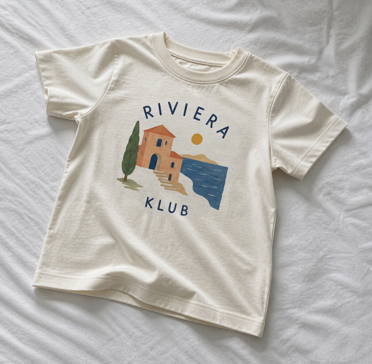 Riviera Klub Kids T-Shirt - Organic Cotton Mediterranean Coastal Graphic Tee, Summer Kids Clothing