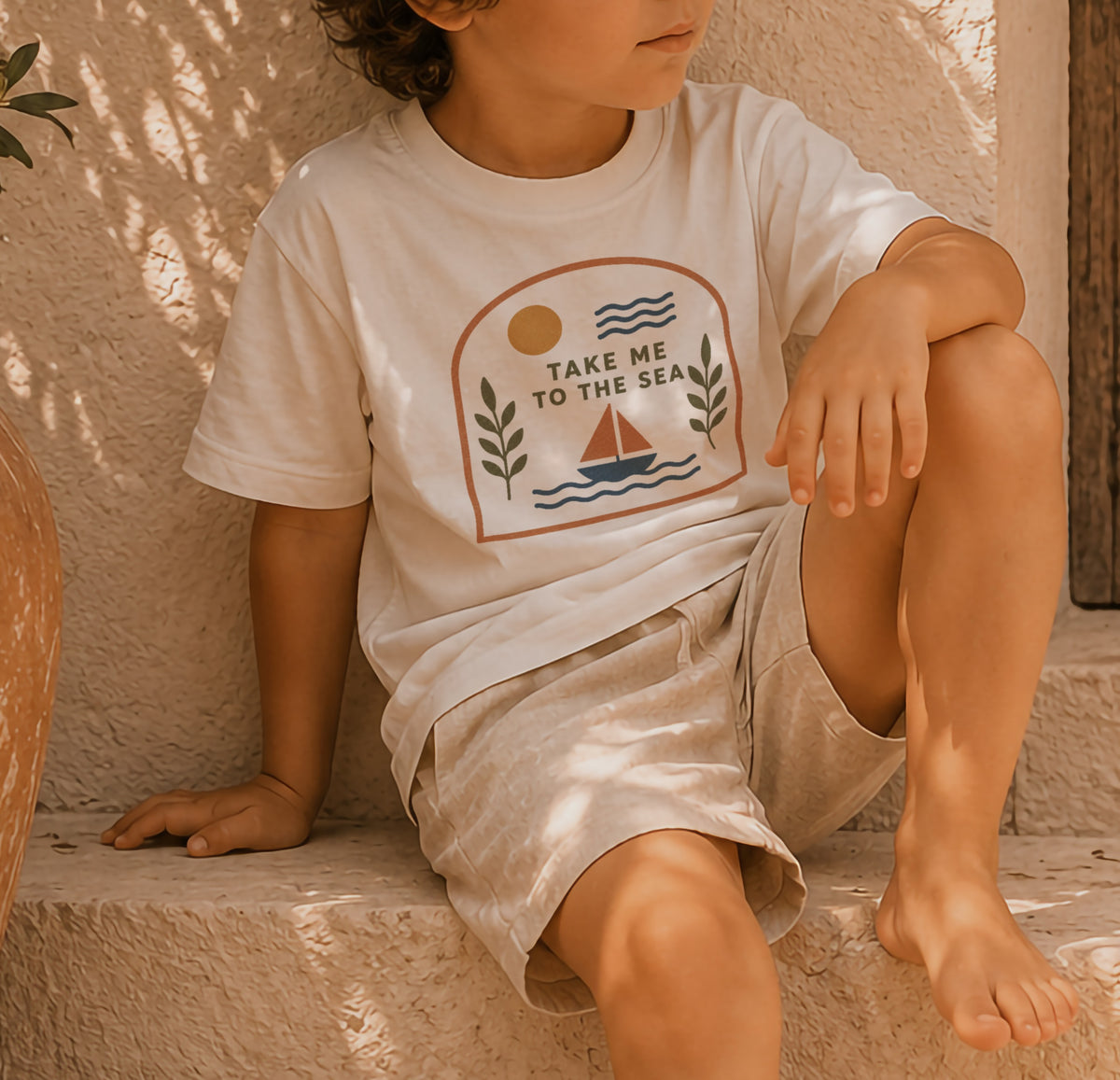 Take Me To The Sea Kids Organic Cotton T-Shirt | Mediterranean Sailboat Graphic Tee Summer Holiday
