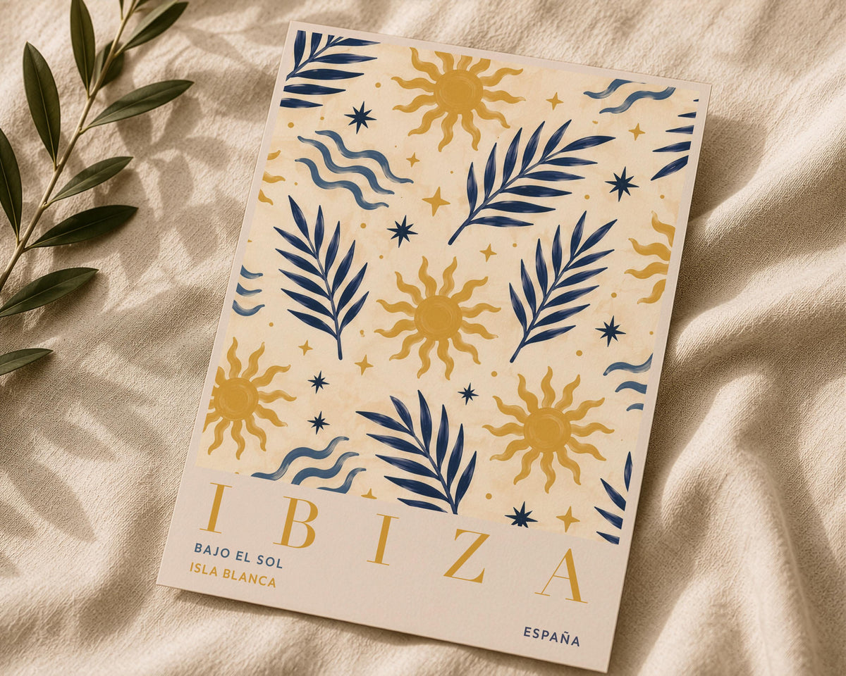 Ibiza Sun Palm Print | Hand-Painted Mediterranean Coastal Wall Art | Framed or Unframed