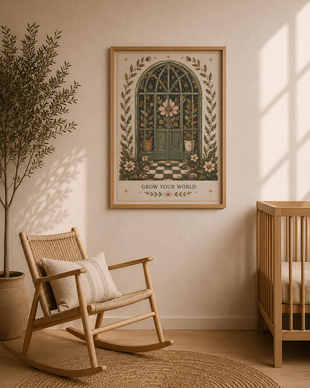Grow Your World Botanical Greenhouse Print | Inspirational Folk Art Celestial Wall Decor | Framed or Unframed