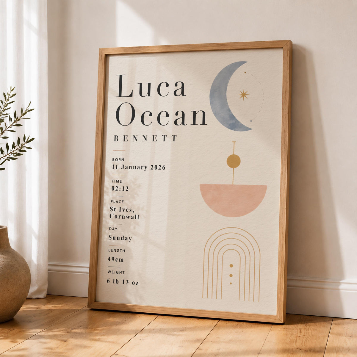 Personalised Celestial Birth Record Print | Modern Nursery Wall Art | Framed or Unframed