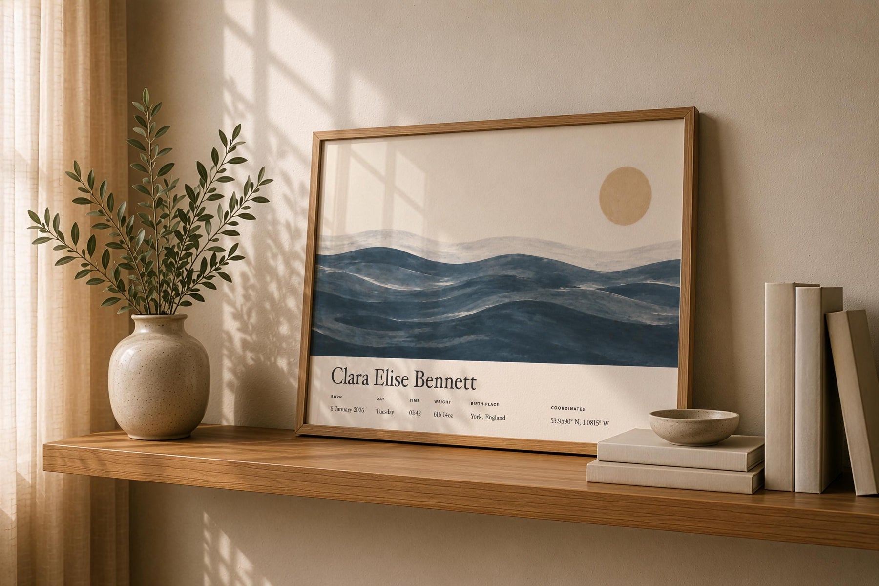 Personalised Birth Story Landscape Print | Ocean Seascape Nursery Wall Art | Framed or Unframed