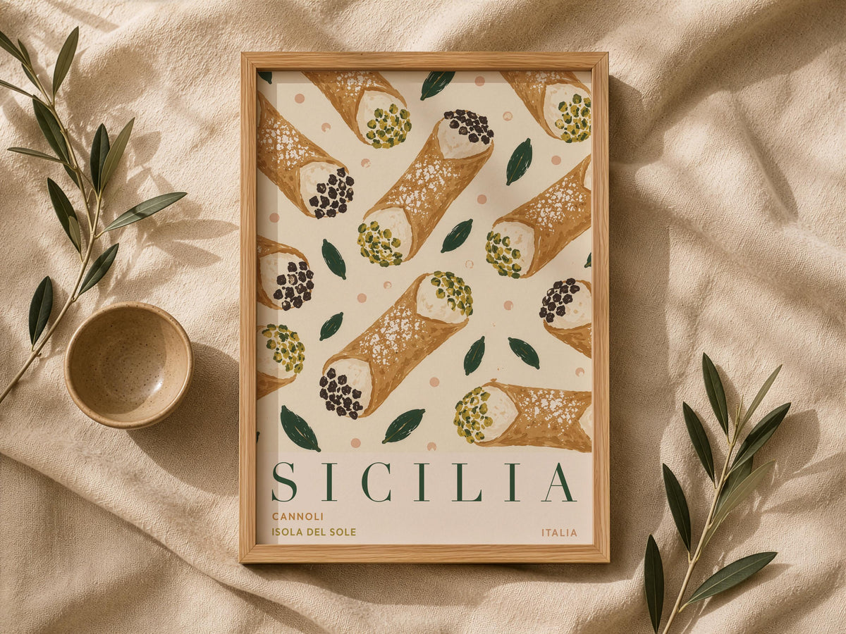 Sicily Cannoli Print | Hand-Painted Italian Food Travel Poster, Kitchen Decor | Framed or Unframed