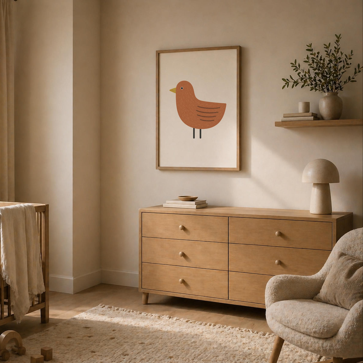 Hand-Painted Bird Print | Scandinavian Folk Art, Neutral Nursery Decor | Framed or Unframed