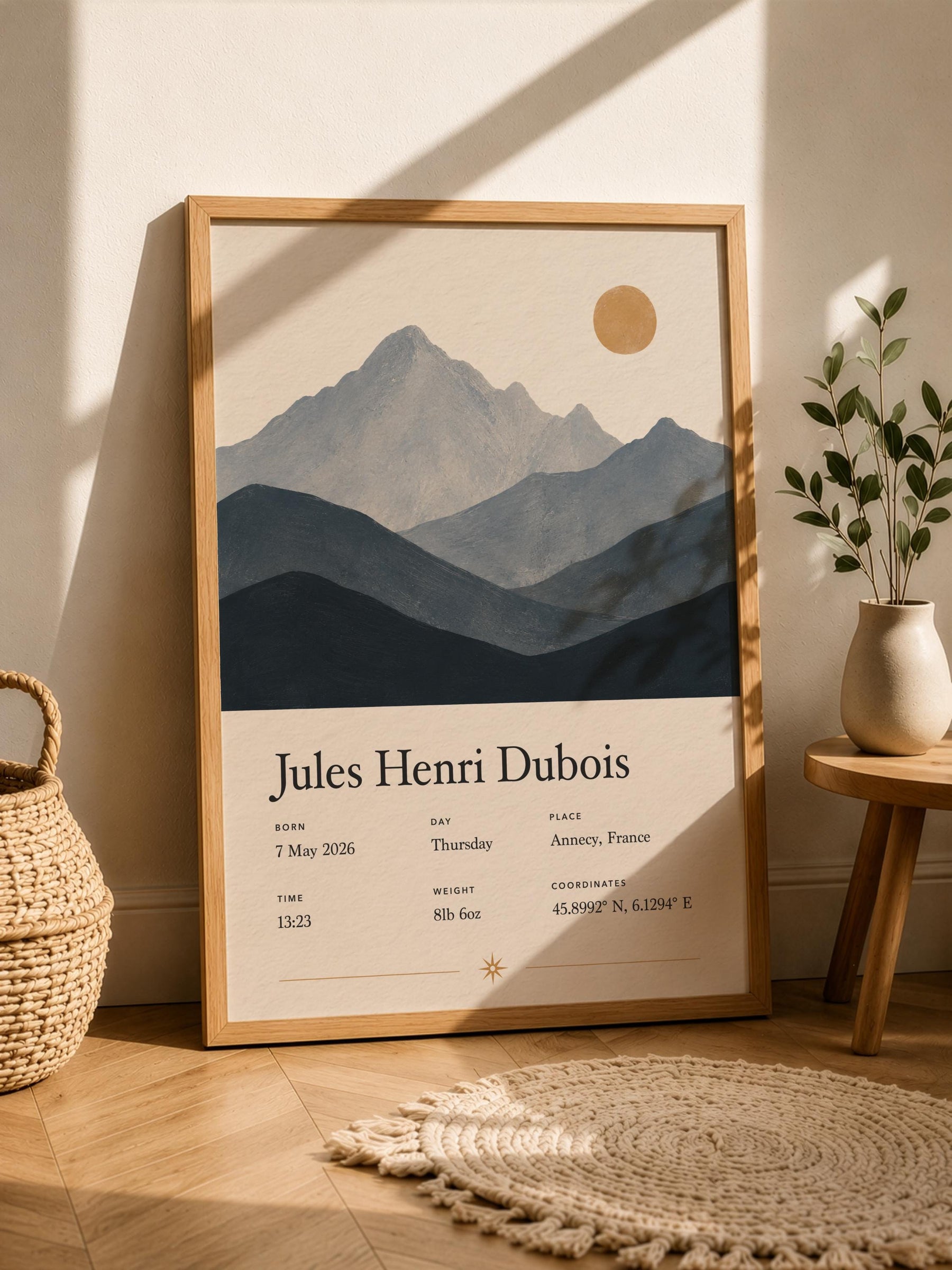 Personalised Birth Story Print | Mountain Landscape Nursery Wall Art | Framed or Unframed