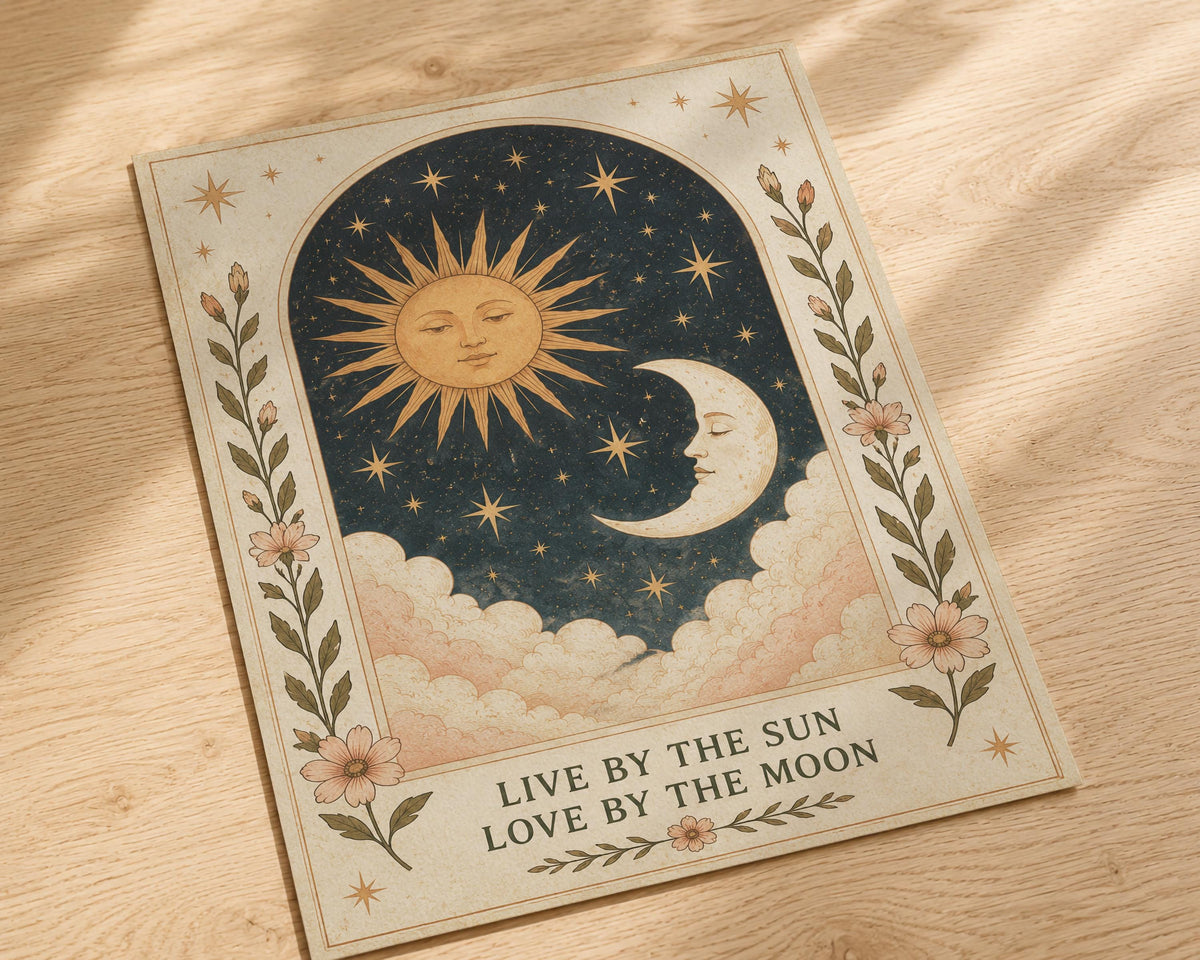 Live By The Sun Love by The Moon Celestial Folk Art Print | Inspirational Boho Illustration | Framed or Unframed