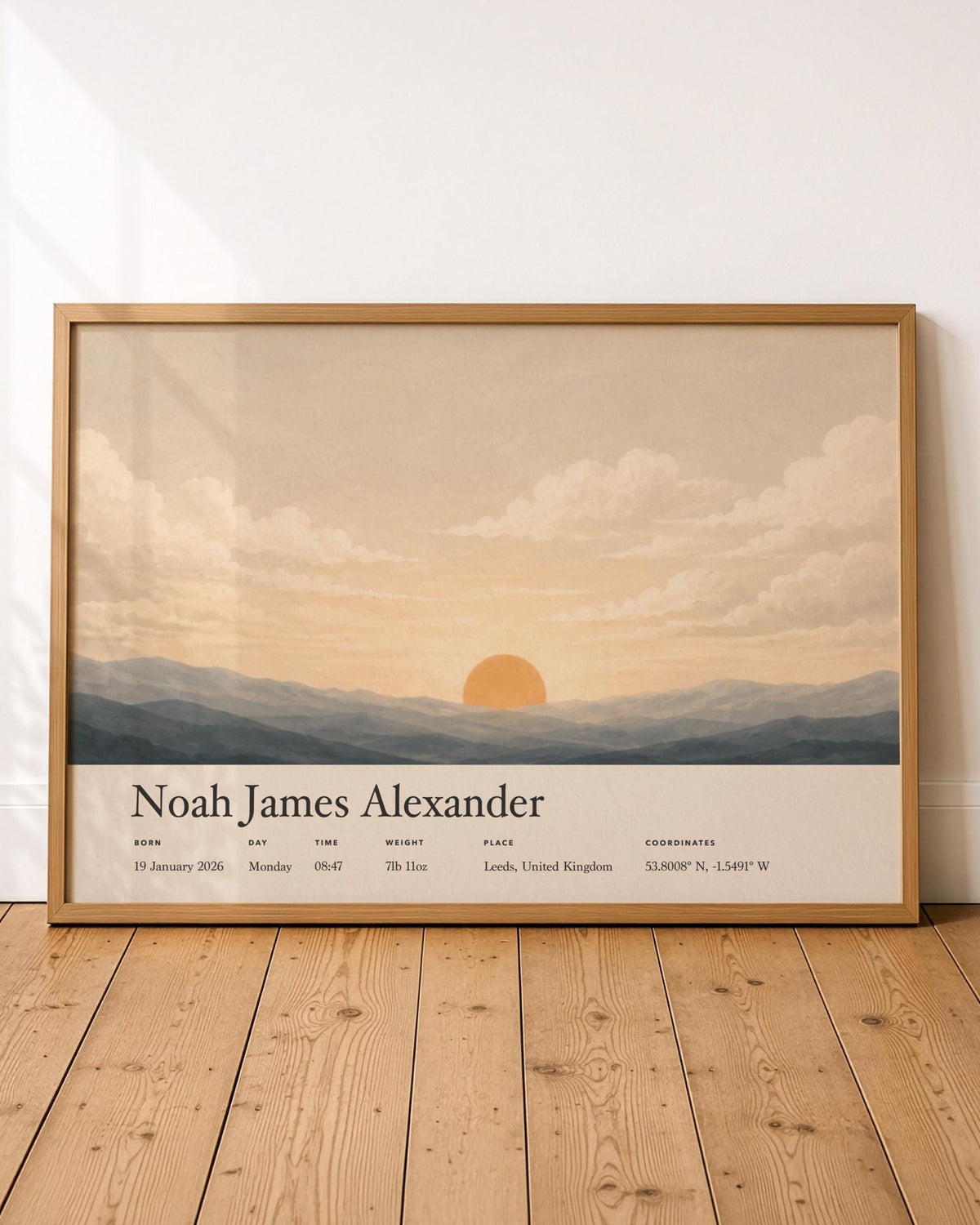 Personalised Birth Story Print | Sunrise Sunset Seascape Nursery Wall Art | Framed or Unframed