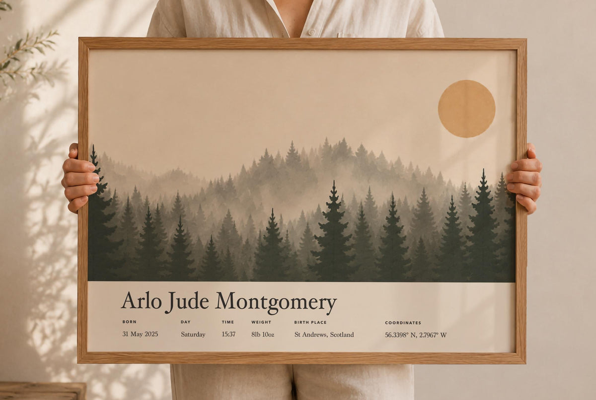 Personalised Birth Story Landscape Print | Forest Hills Nursery Wall Art | Framed or Unframed