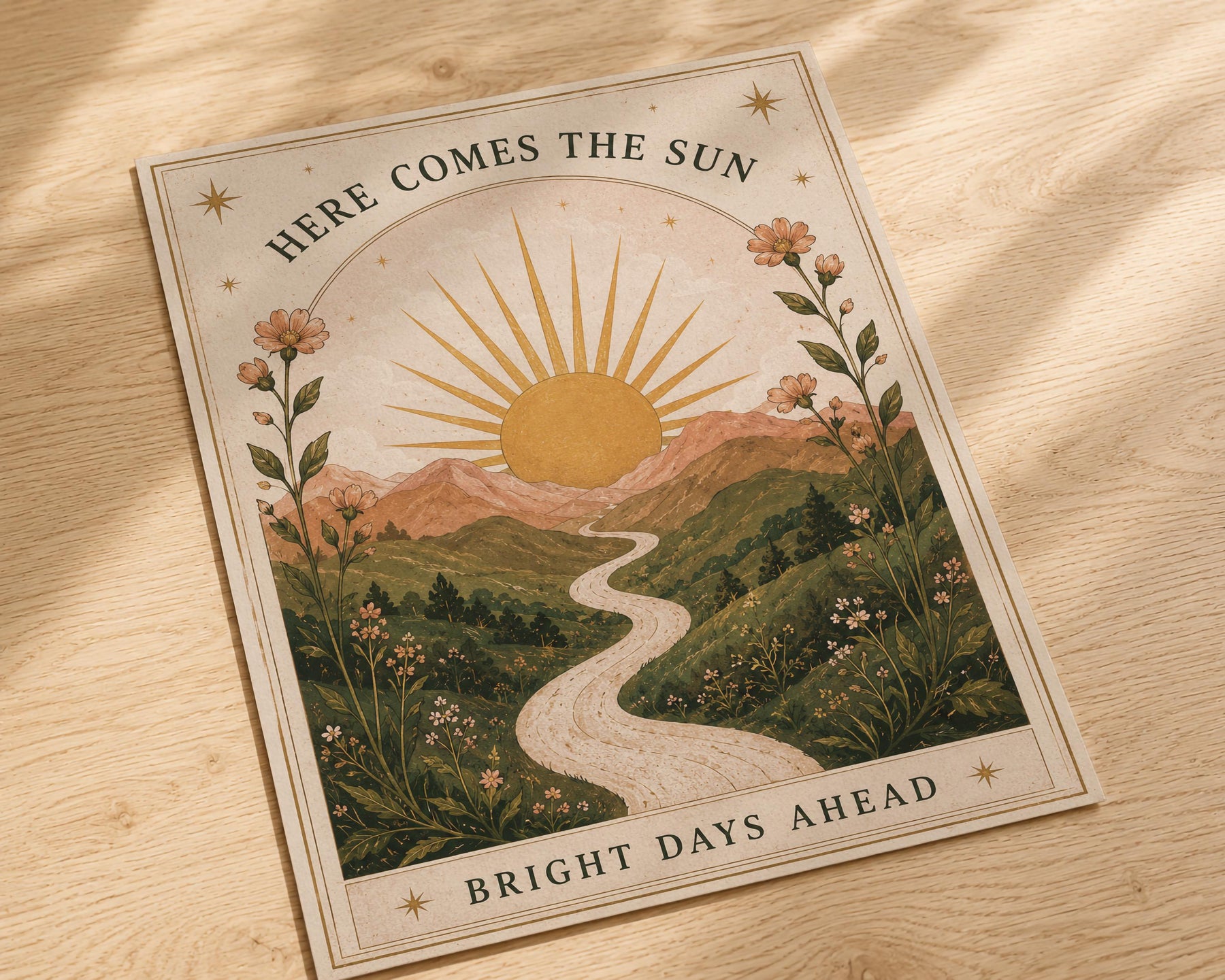 Here Comes the Sun Print | Inspirational Nursery Wall Art, Celestial Folk Art, Framed or Unframed
