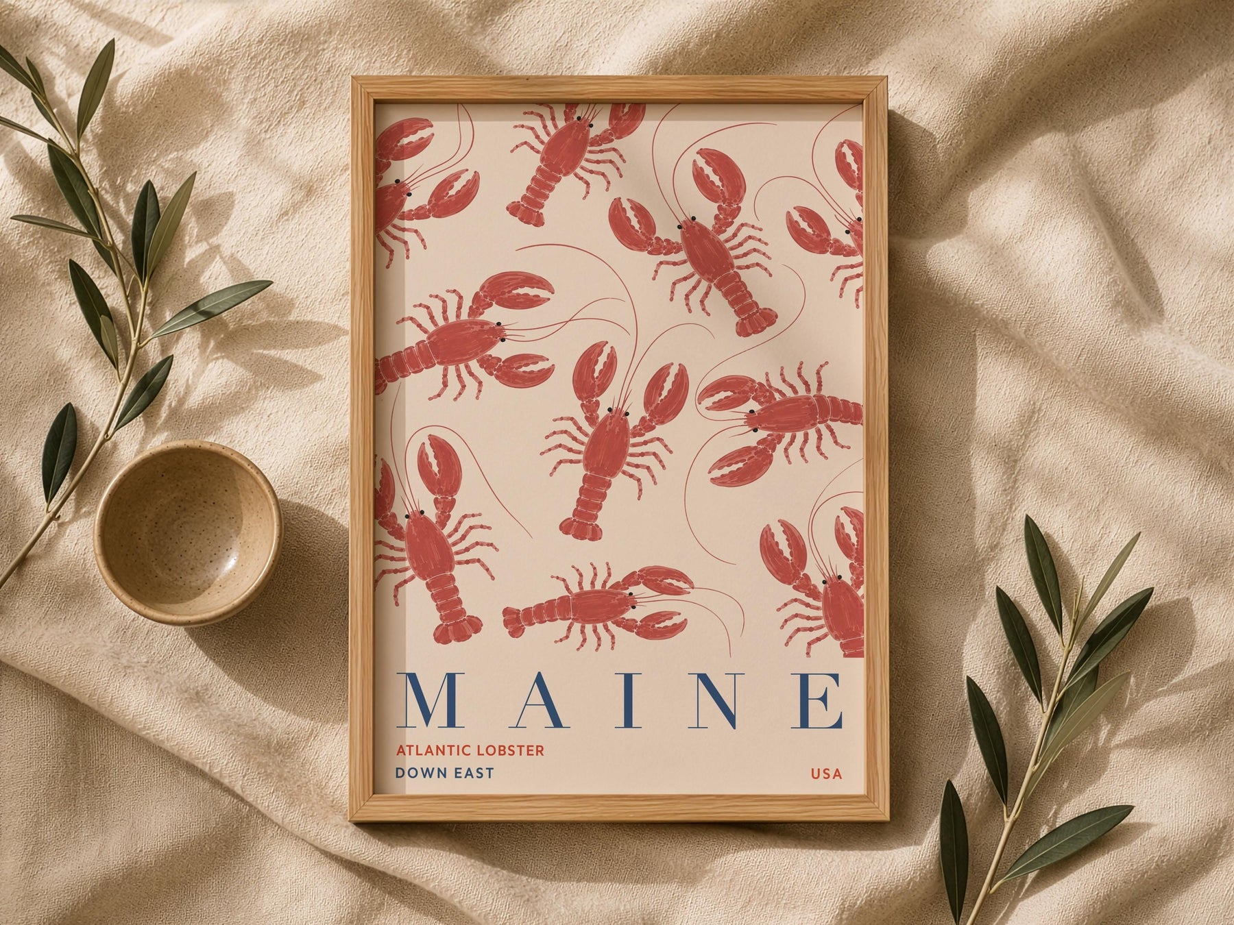 Maine Lobster Print | Coastal New England Travel Poster, Hand-Painted Nautical Art | Framed or Unframed