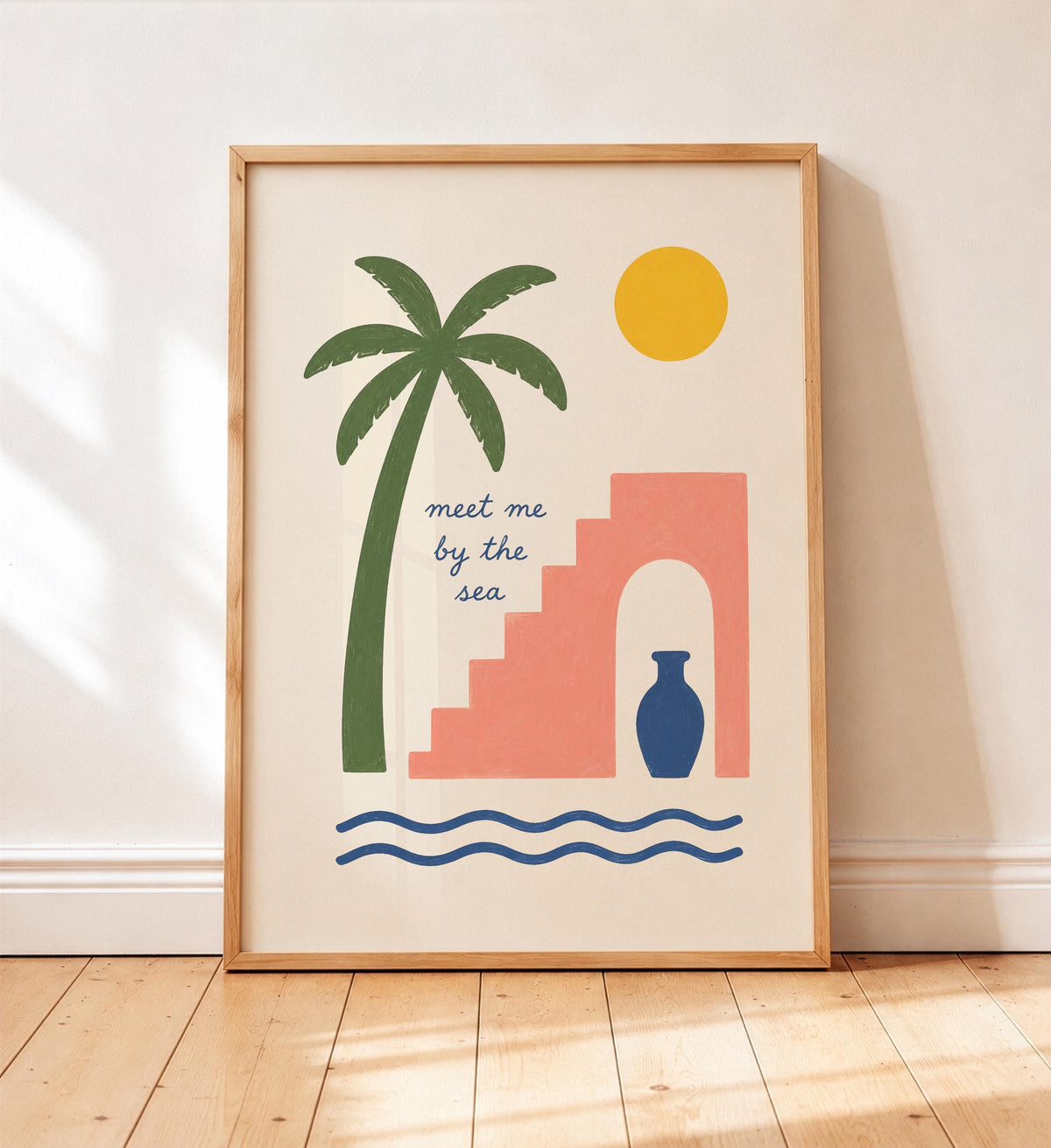 Meet Me By The Sea Hand-Painted Coastal Print | Mediterranean Palm Tree Wall Art | Framed or Unframed