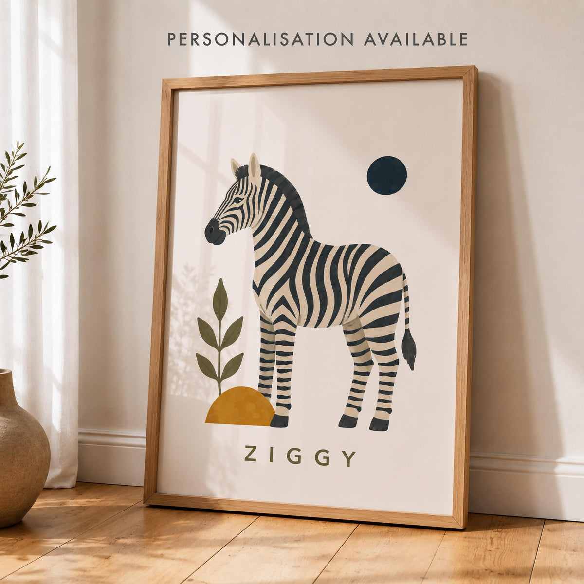 Personalised Zebra Nursery Print, Modern Playroom Safari Animal Wall Art, Framed or Unframed Poster