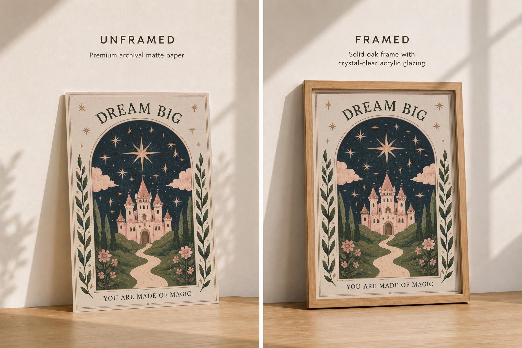 Dream Big Celestial Pink Castle Illustrated Print | Fairytale Wall Art | Framed or Unframed
