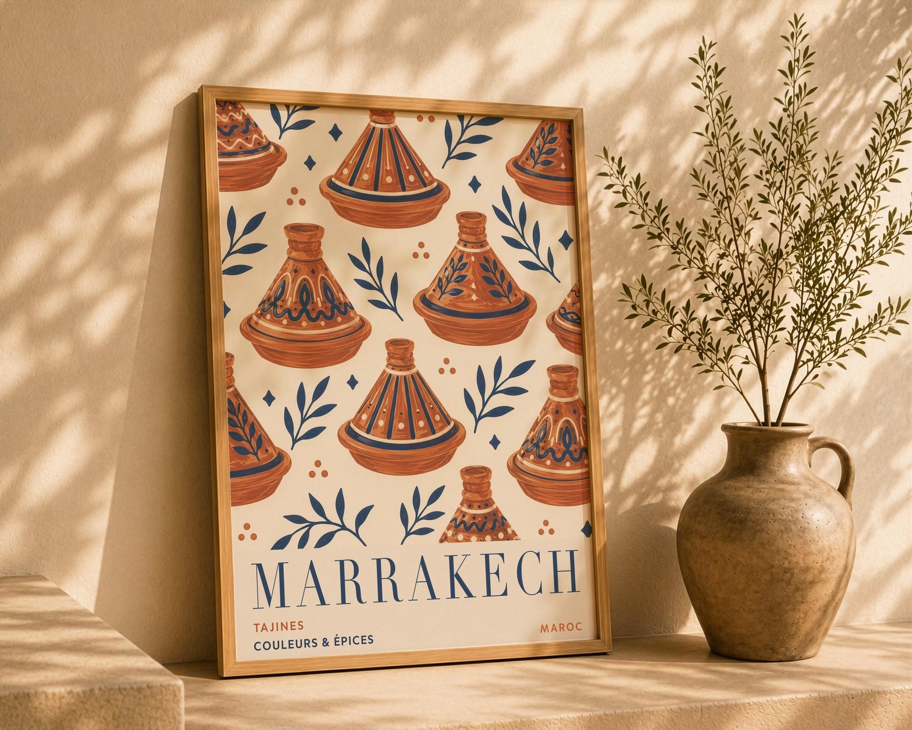 Marrakech Print | Hand-Painted Tagine Travel Poster, Moroccan Boho Kitchen Art | Framed or Unframed