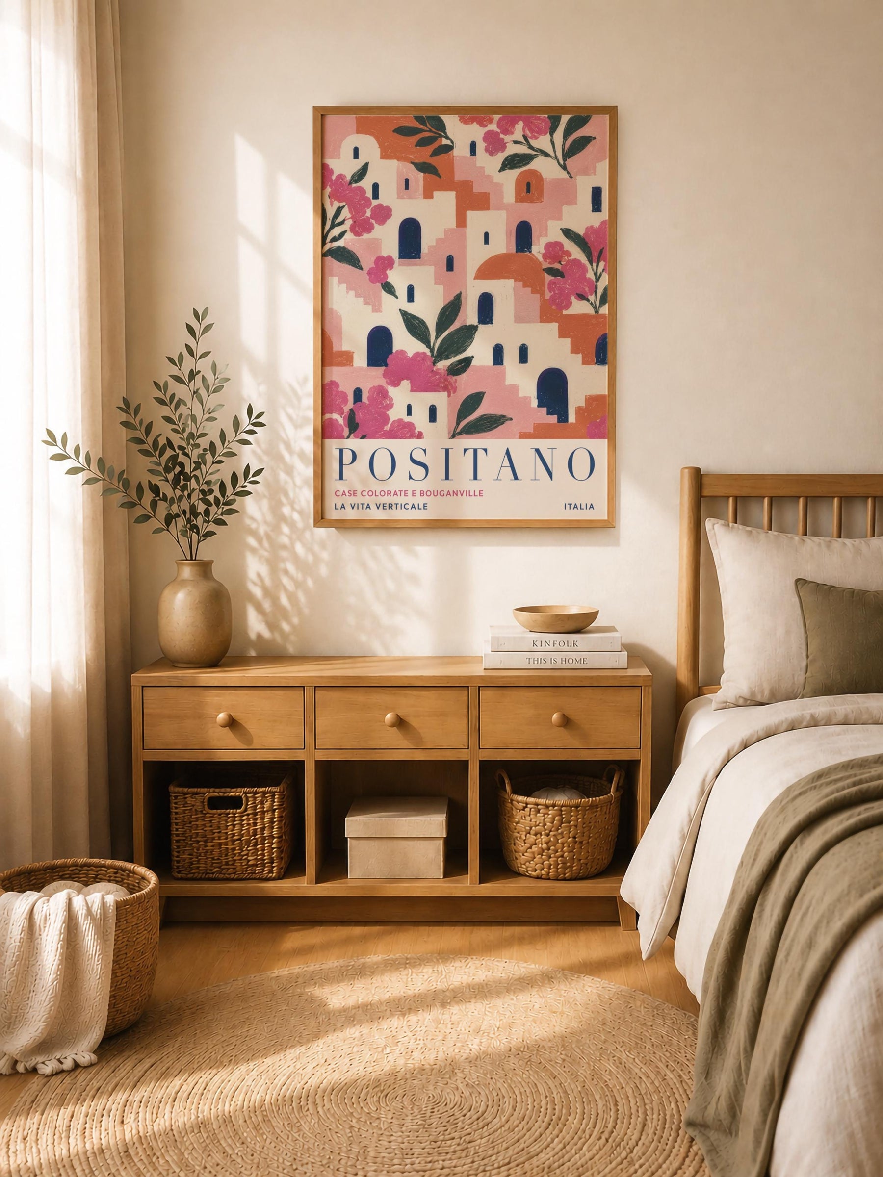 Positano Print | Amalfi Coast Travel Poster, Bougainvillea Floral Wall Art | Framed or Unframed
