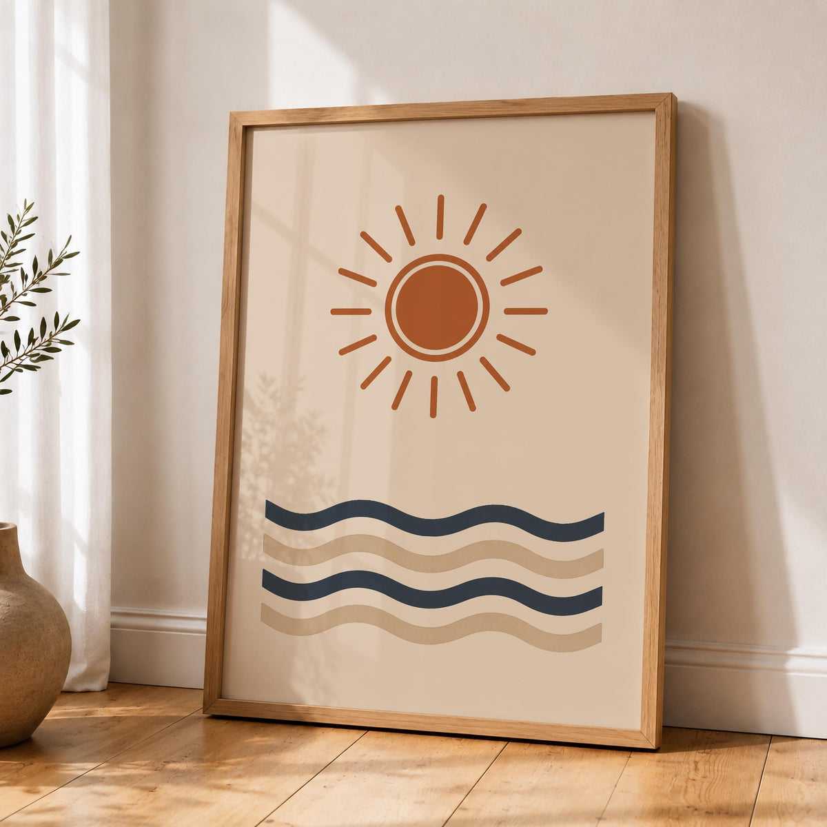 Sun and Waves Print | Coastal Minimalist Beach House Wall Art | Framed or Unframed