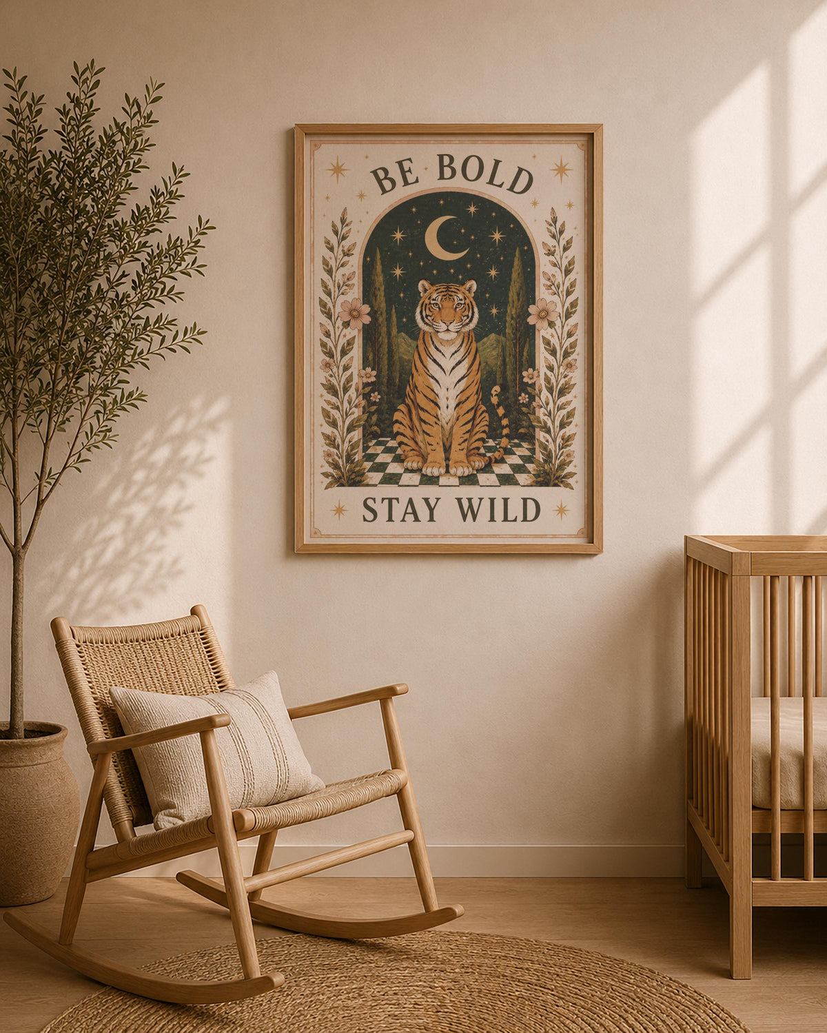Be Bold Stay Wild Tiger Folk Art Print | Inspirational Moonlit Landscape Wall Decor | Framed or Unframed