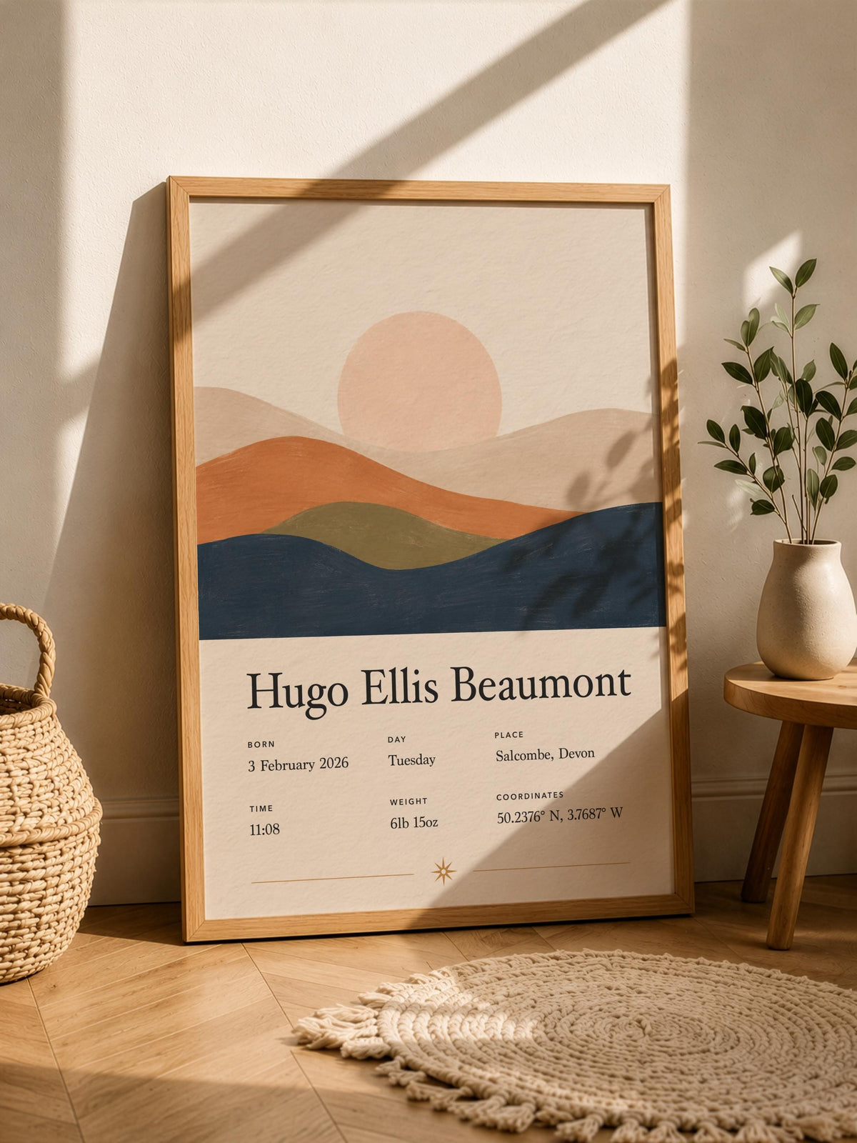 Personalised Birth Story Print | Rolling Hills Landscape Nursery Wall Art | Framed or Unframed