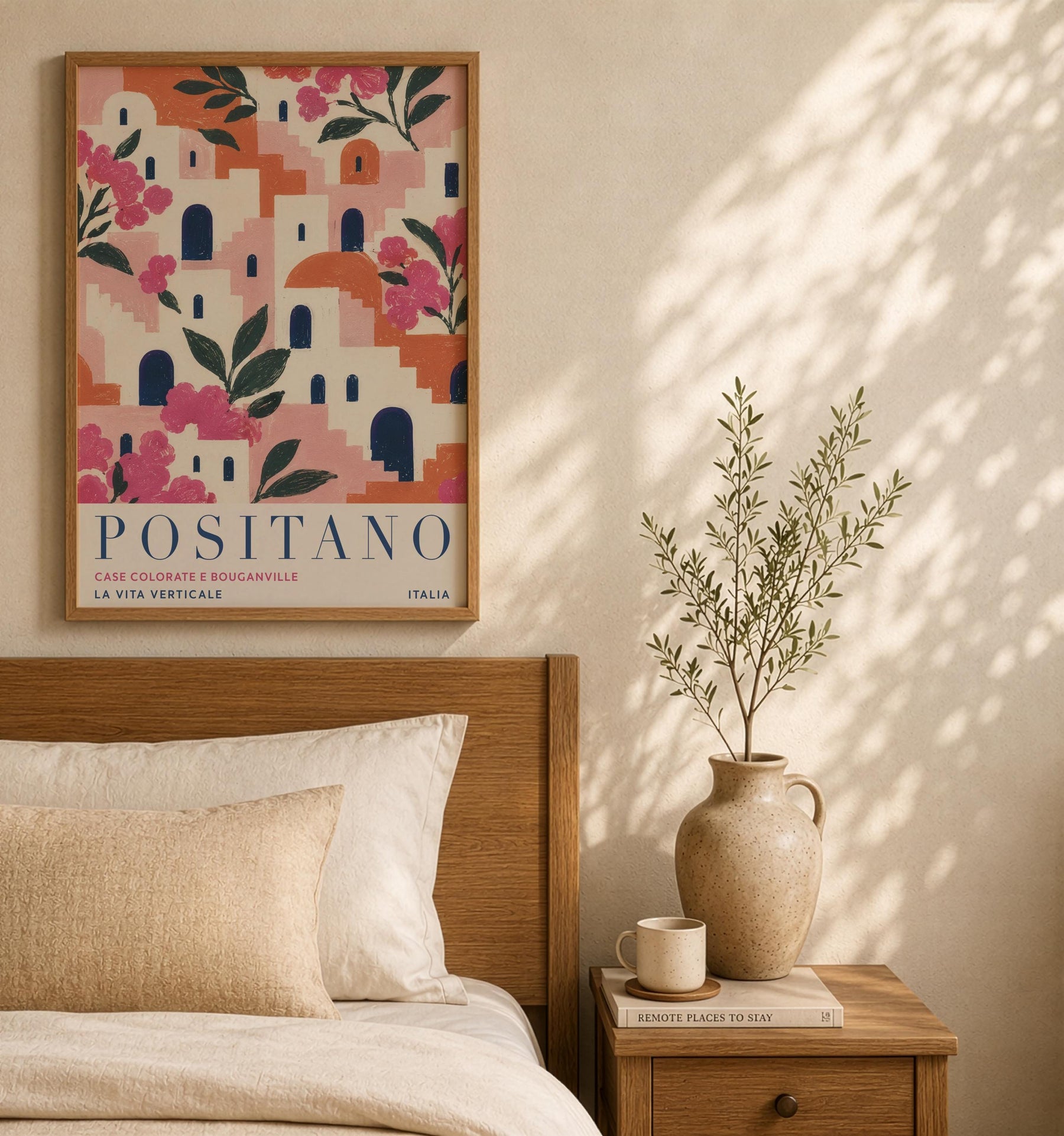 Positano Print | Amalfi Coast Travel Poster, Bougainvillea Floral Wall Art | Framed or Unframed