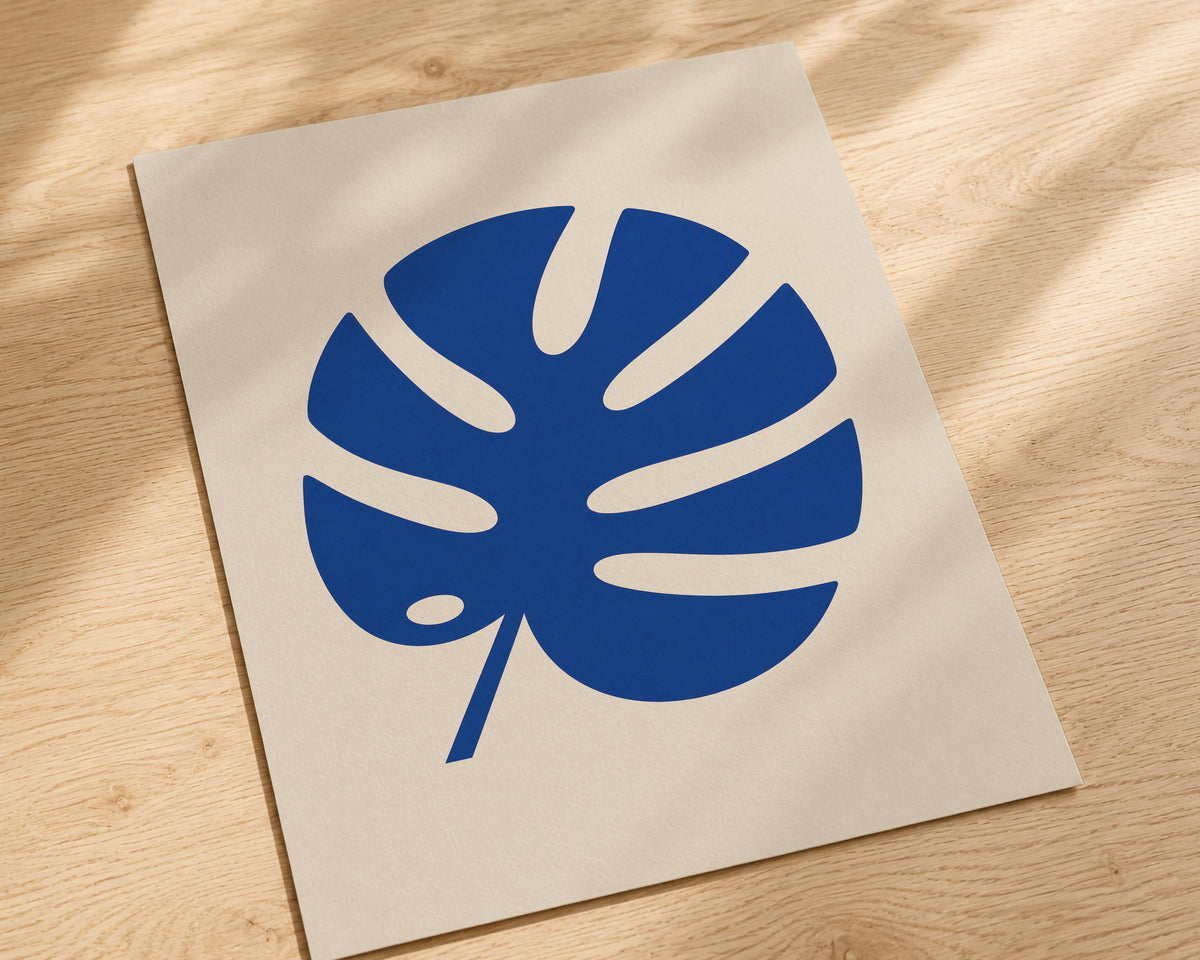 Blue Monstera Leaf Print | Modern Botanical Wall Art, Minimalist Room Decor | Framed or Unframed