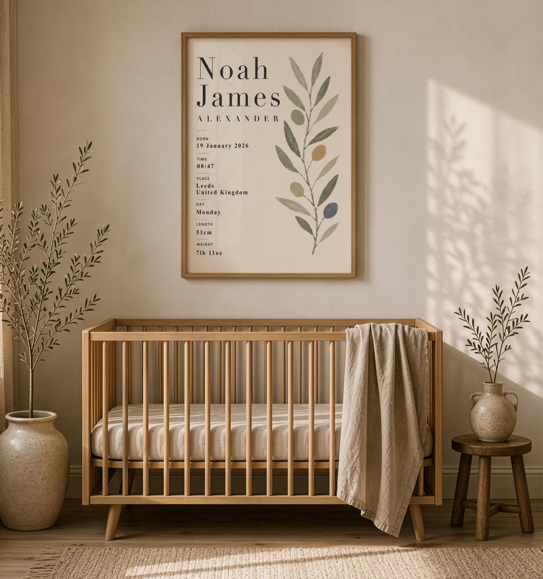 Personalised Botanical Birth Record Print | Custom Nursery Wall Art | Framed or Unframed