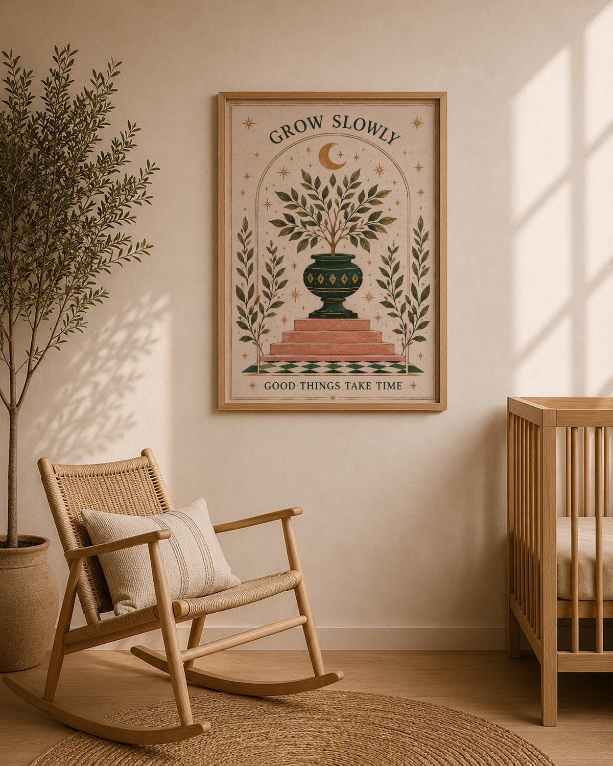 Grow Slowly Olive Tree Botanical Print | Inspirational Celestial Folk Nursery Wall Art | Framed or Unframed