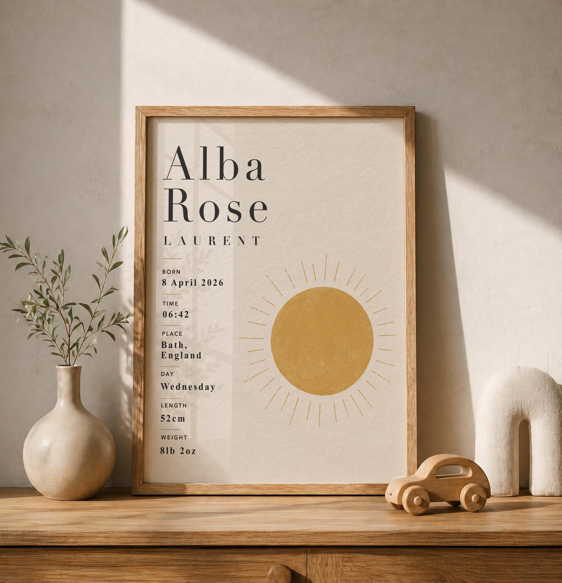 Personalised Sun Birth Record Print | Yellow Nursery Wall Art | Framed or Unframed
