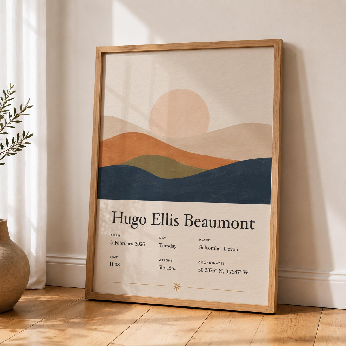 Personalised Birth Story Print | Rolling Hills Landscape Nursery Wall Art | Framed or Unframed