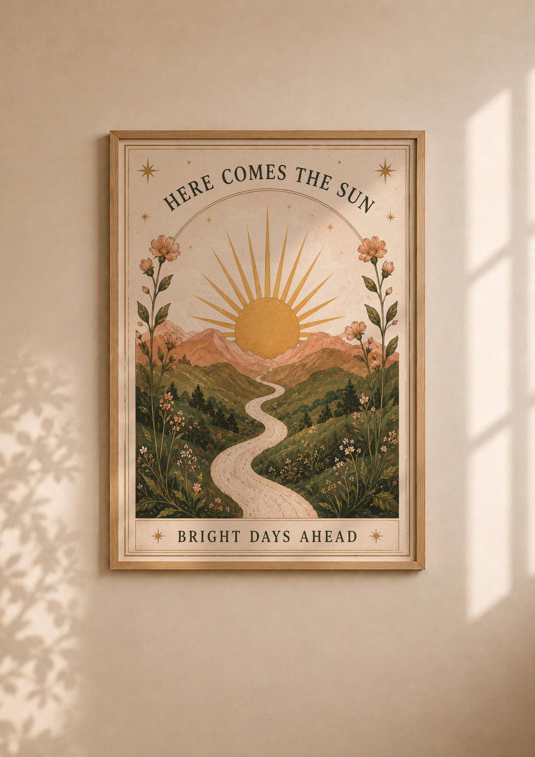 Here Comes the Sun Print | Inspirational Nursery Wall Art, Celestial Folk Art, Framed or Unframed