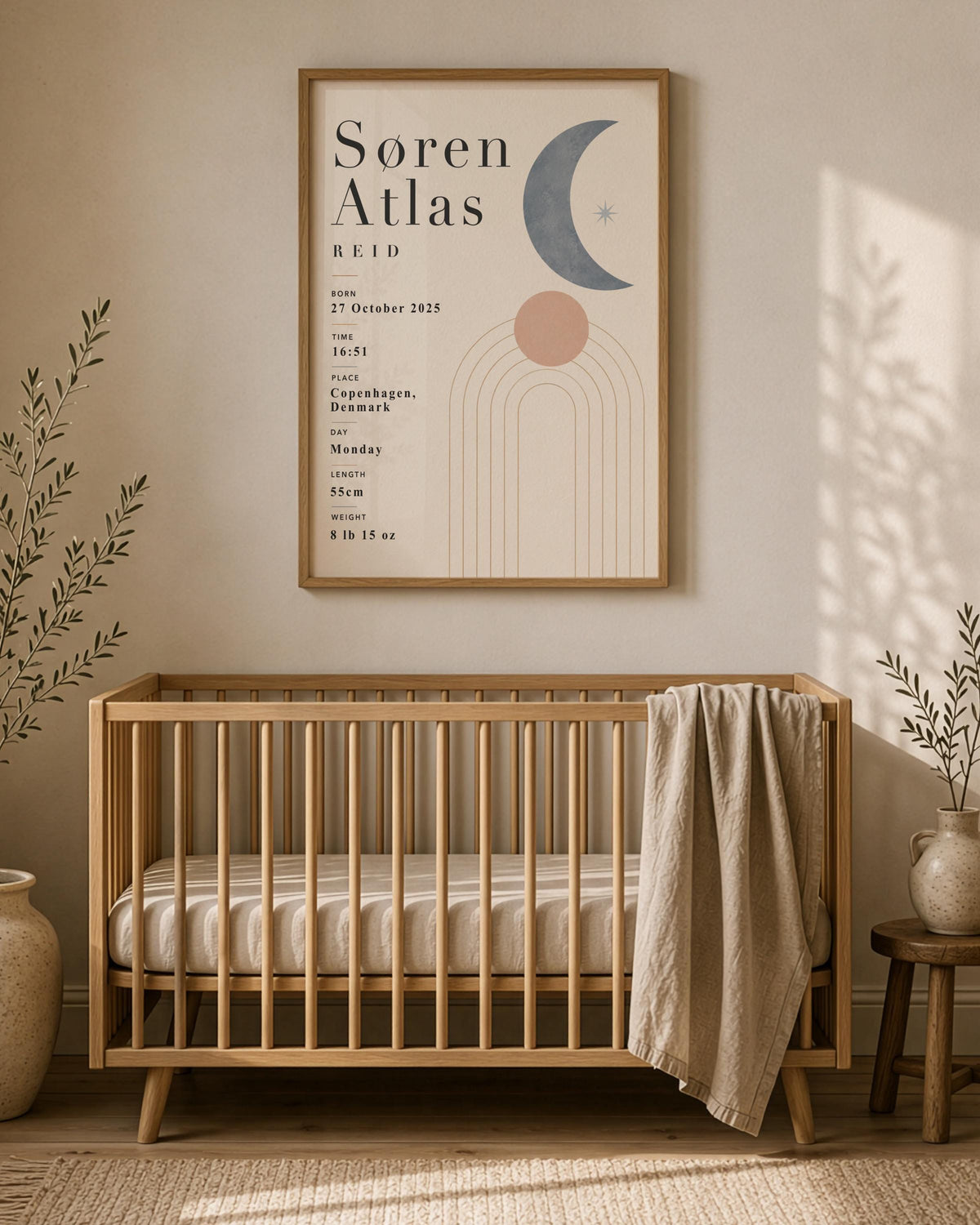 Personalised Moon Birth Record Print | Modern Nursery Wall Art | Framed or Unframed