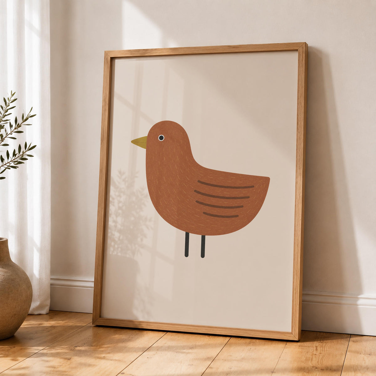 Hand-Painted Bird Print | Scandinavian Folk Art, Neutral Nursery Decor | Framed or Unframed