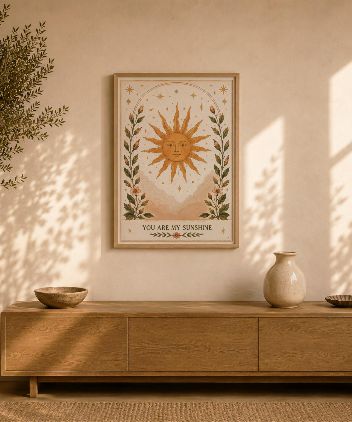 You Are My Sunshine Celestial Sun Print | Positive Message Folk Art Illustration, Botanical Wall Art | Framed or Unframed