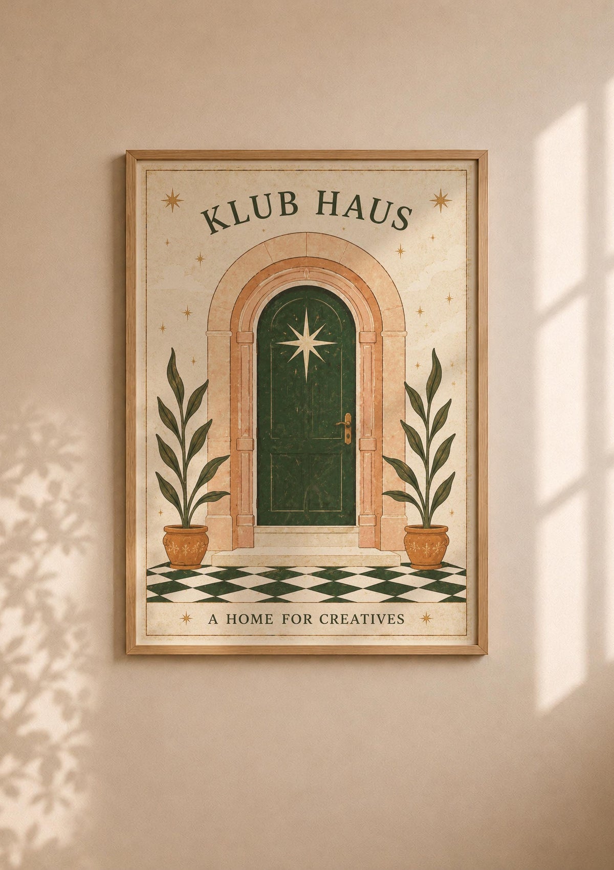 Klub Haus Print | Mediterranean Folk Art Illustration, Archway Star Door Decor | Framed or Unframed