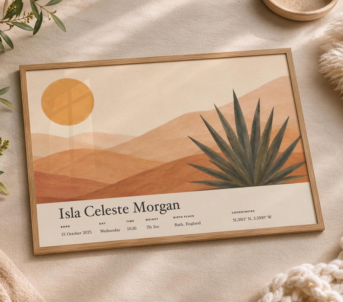 Personalised Birth Story Print | Agave Desert Landscape Nursery Art | Framed or Unframed