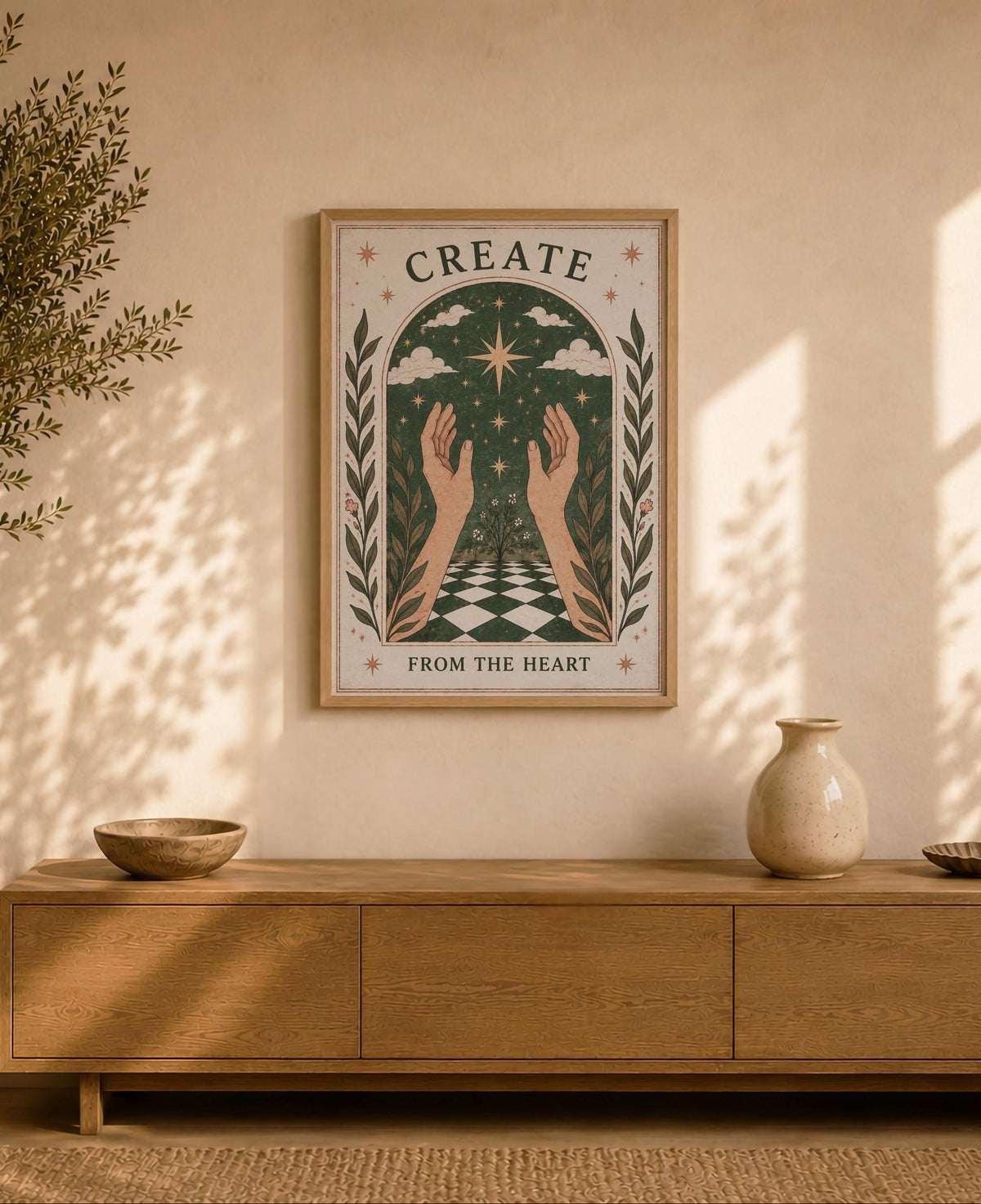Create From The Heart Hands Print | Inspirational Celestial Wall Art, Folk Hands Illustration, Framed or Unframed