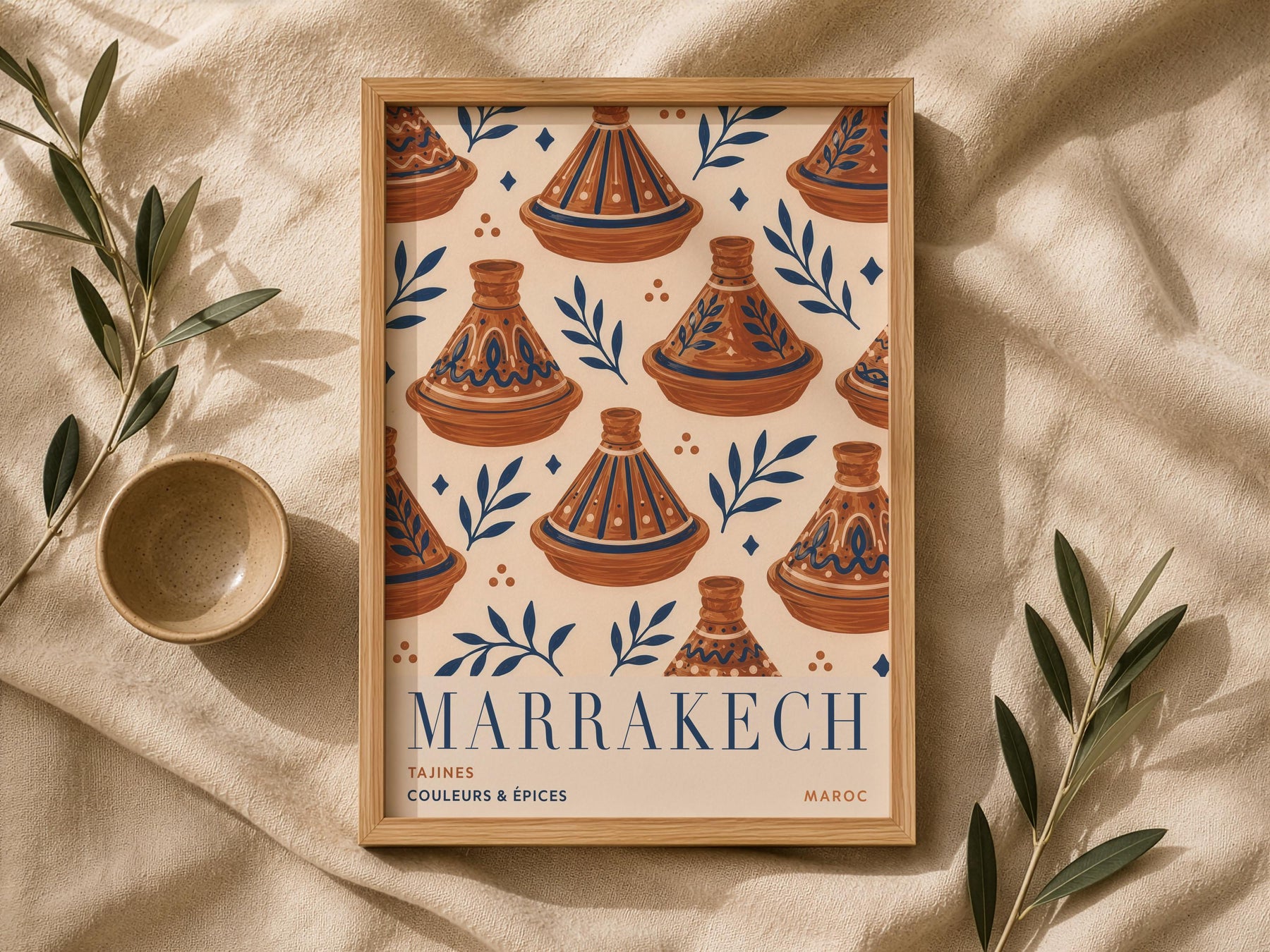 Marrakech Print | Hand-Painted Tagine Travel Poster, Moroccan Boho Kitchen Art | Framed or Unframed