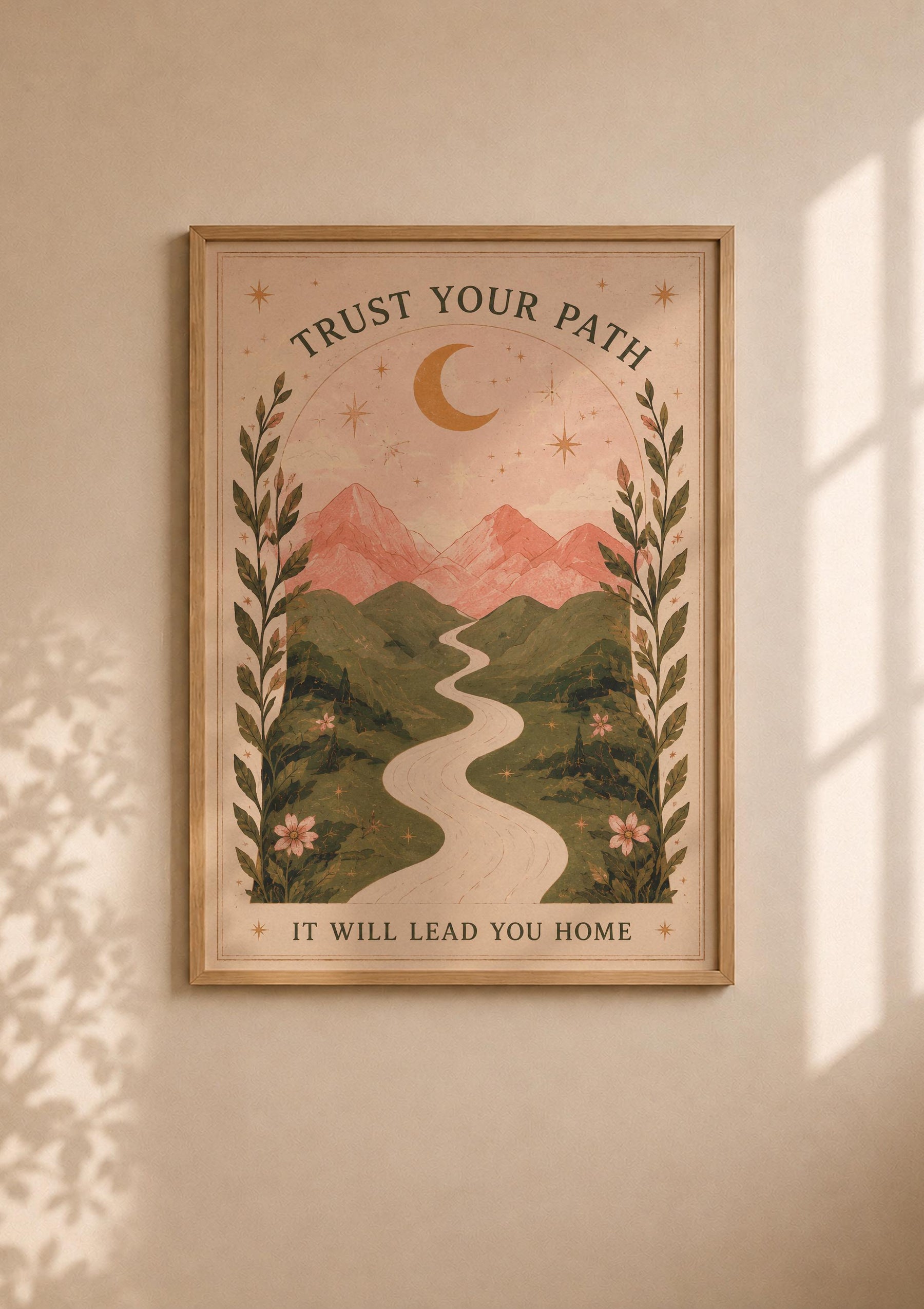 Celestial Mountain Nursery Print | Positive Message Folk Art Illustration, Moonlit Path | Framed or Unframed