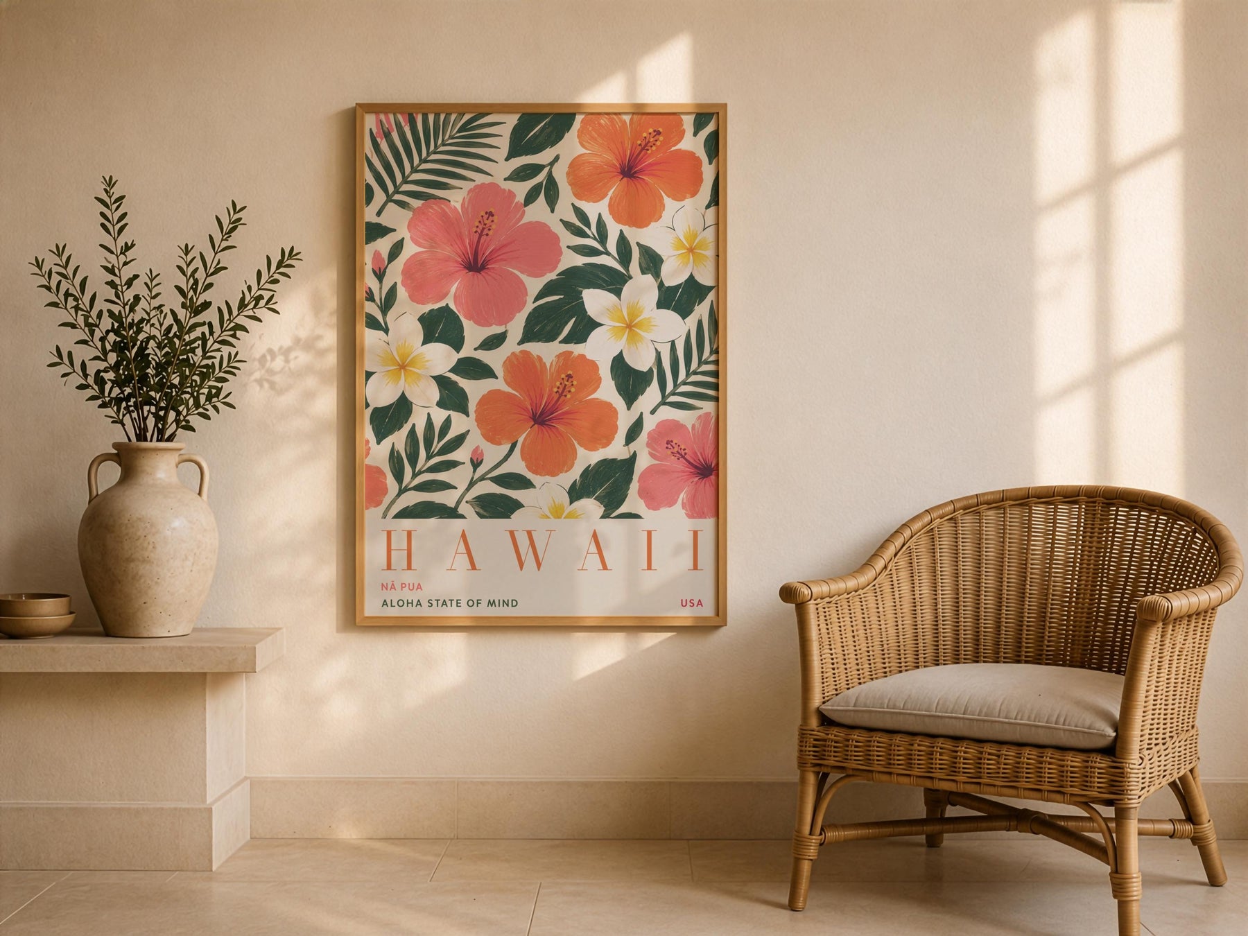 Hawaii Hibiscus Floral Travel Poster | Hand-Painted Tropical Aloha Decor | Framed or Unframed