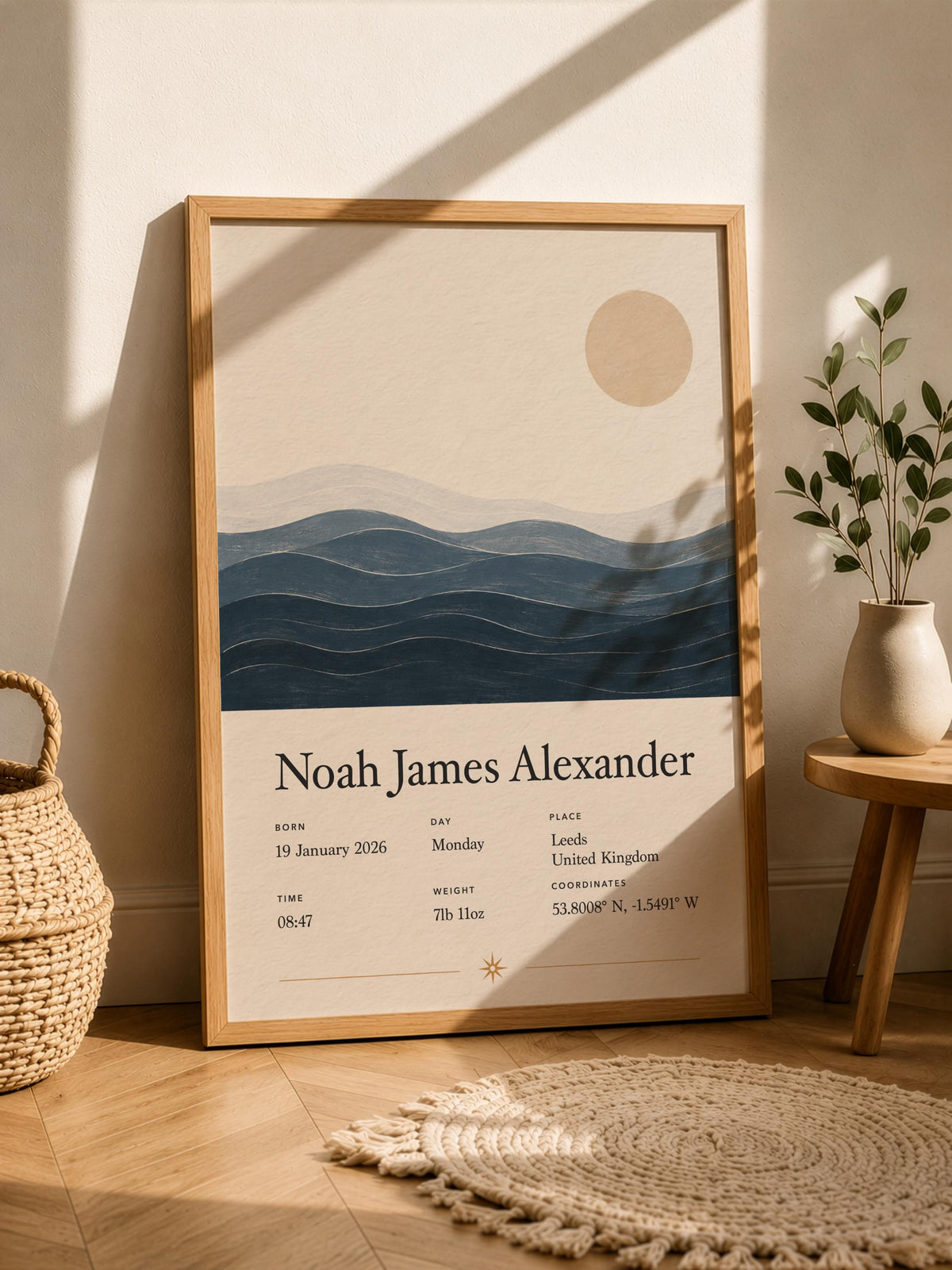 Personalised Birth Story Print | Ocean Waves Seascape Nursery Wall Art | Framed or Unframed