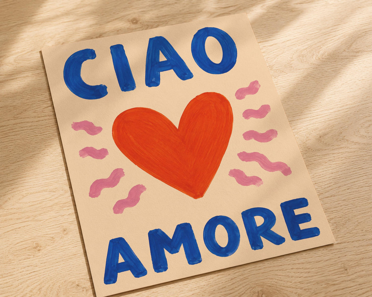 Ciao Amore Heart Art Print | Colourful Hand-Painted Modern Wall Art | Framed or Unframed