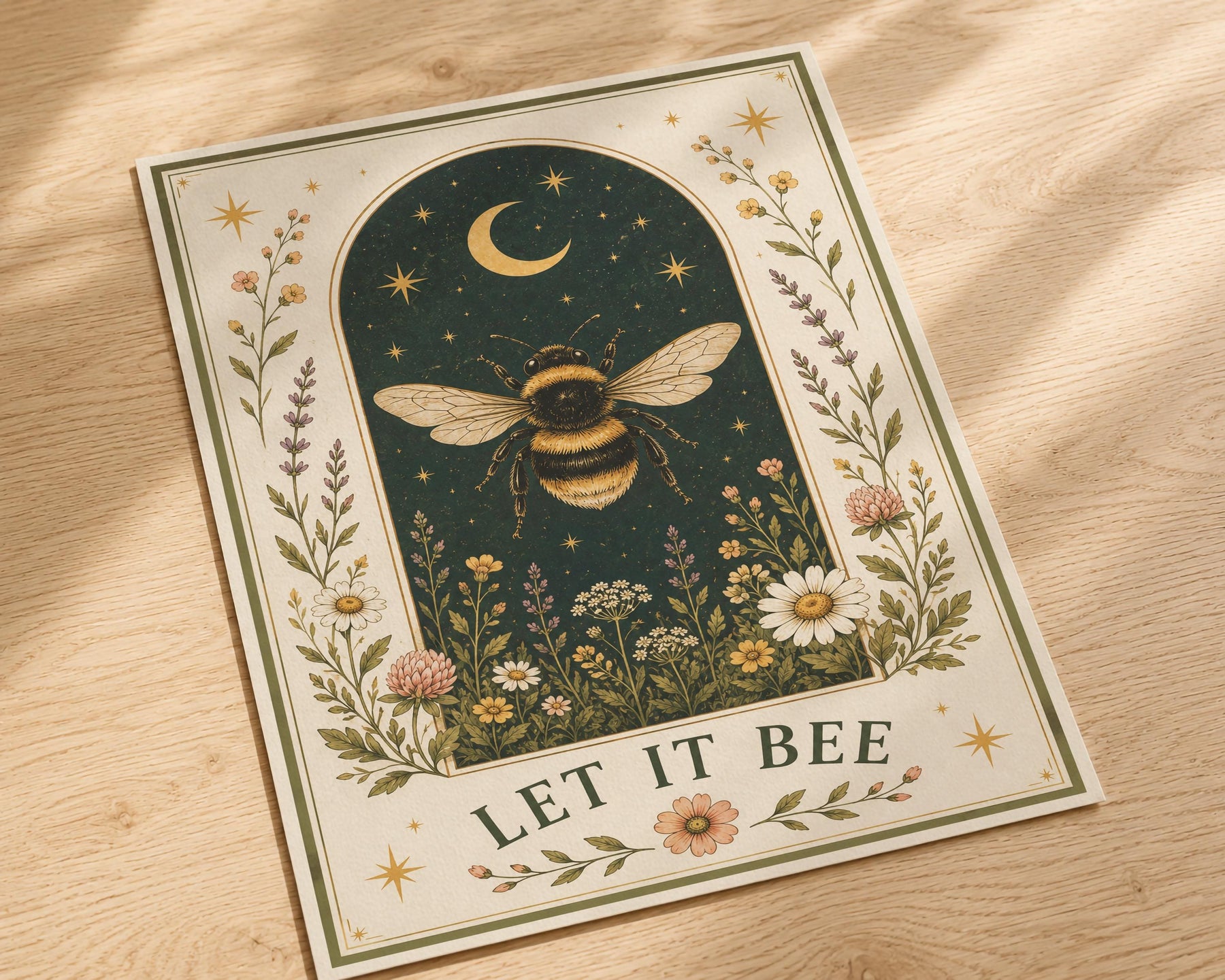 Bumblebee Folk Art Print | Celestial Moon, Wildflowers, Botanical Nature Decor | Framed or Unframed