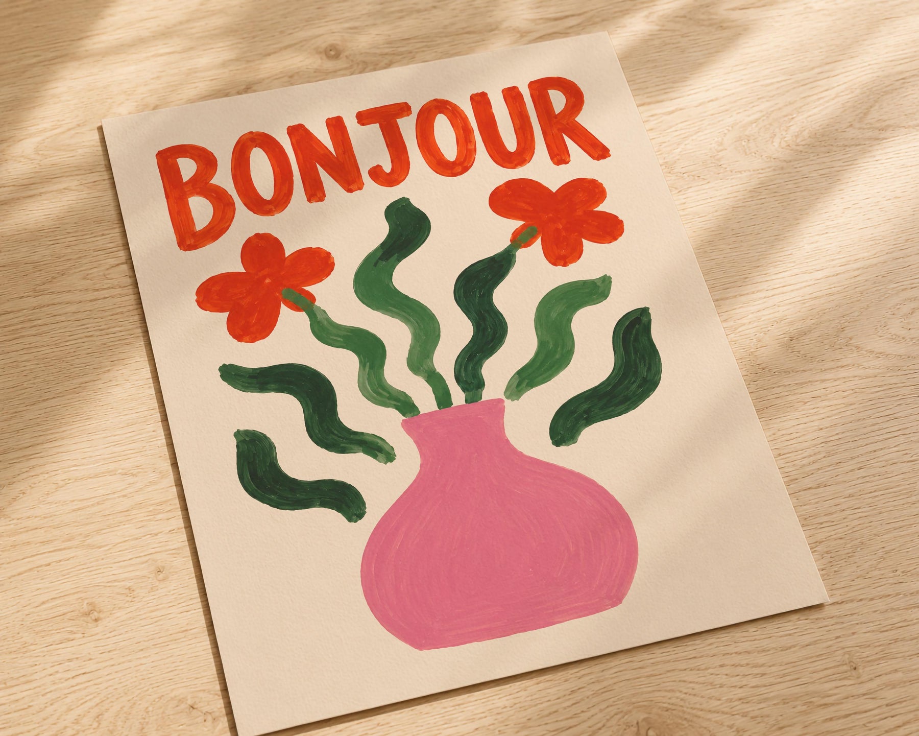 Bonjour Floral Art Print | Hand-Painted Botanical Flower Vase Wall Art | Framed or Unframed