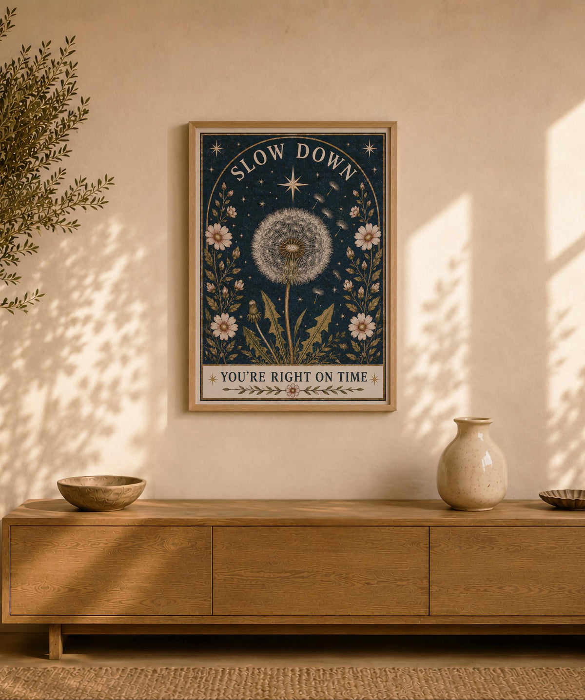 Slow Down Dandelion Folk Art Print | Celestial Wildflower Folk Art | Framed or Unframed