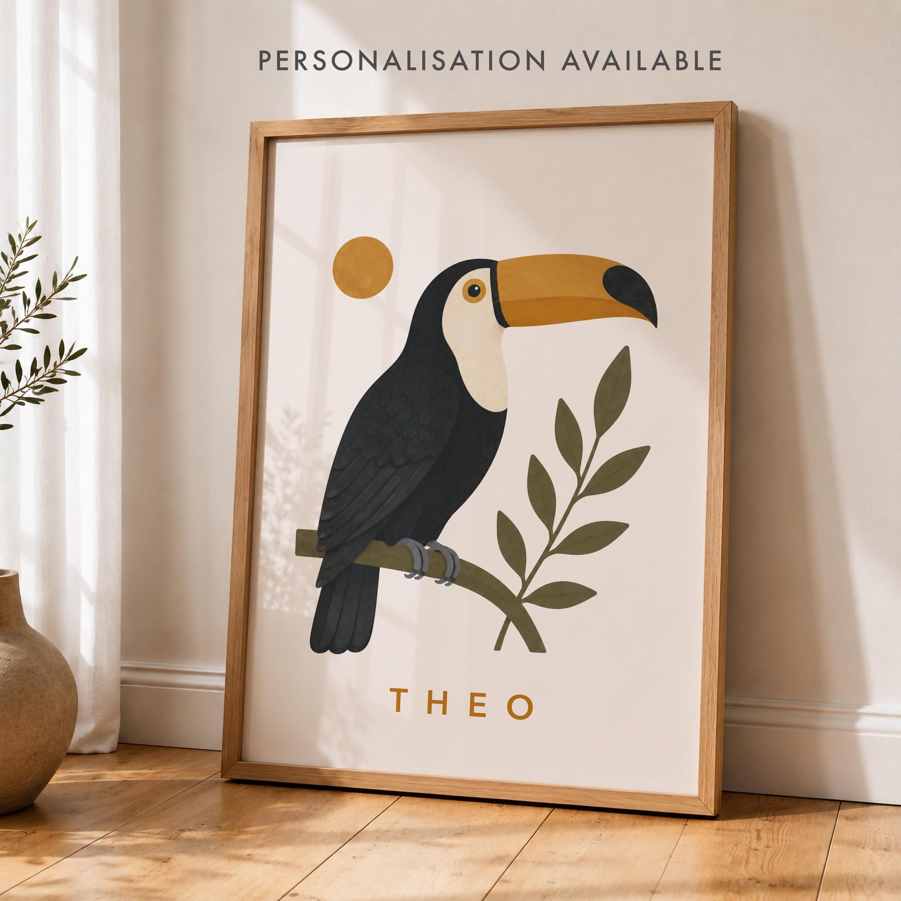 Personalised Toucan Nursery Print, Modern Playroom Tropical Bird Wall Art, Framed or Unframed Poster