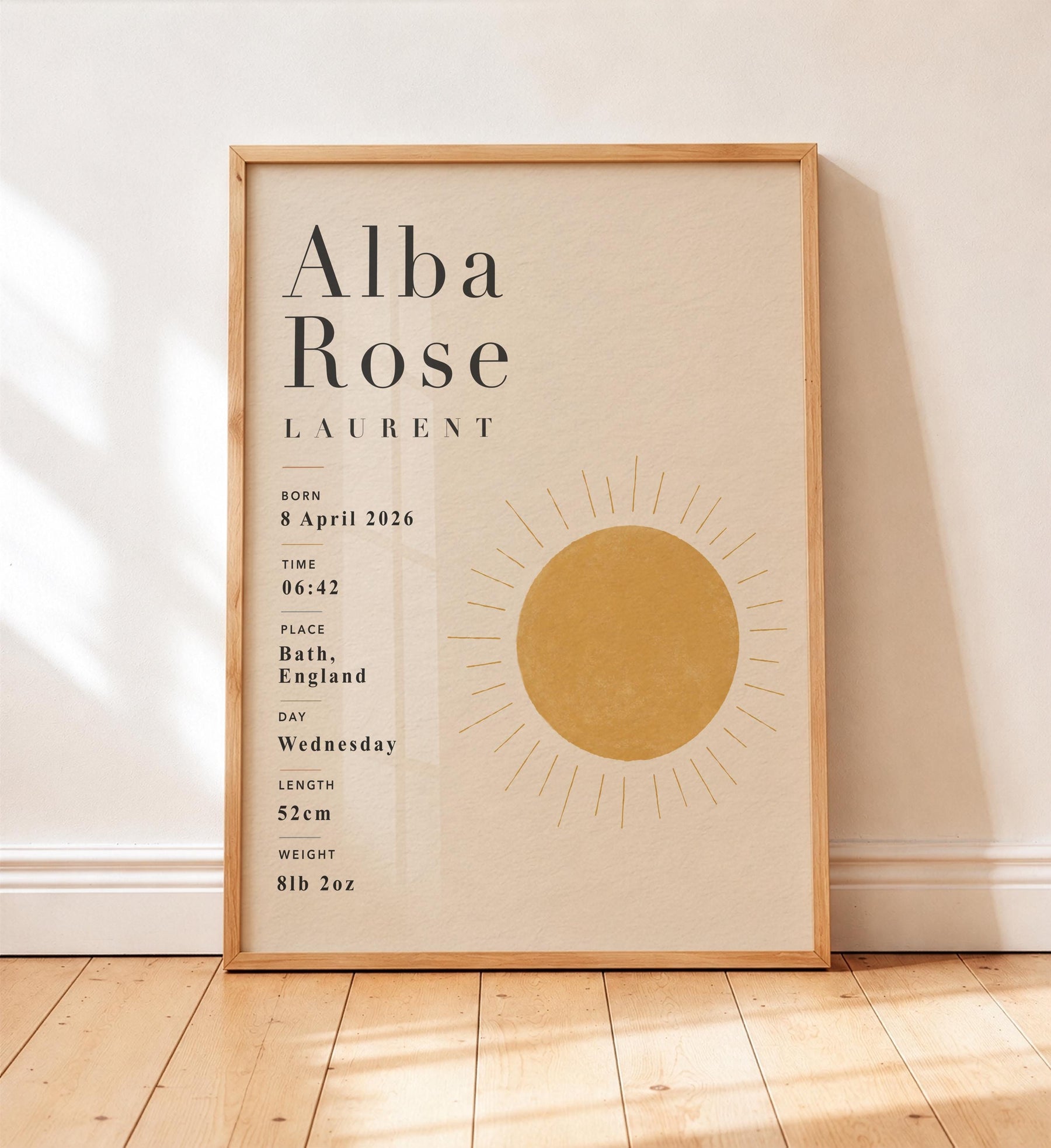 Personalised Sun Birth Record Print | Yellow Nursery Wall Art | Framed or Unframed