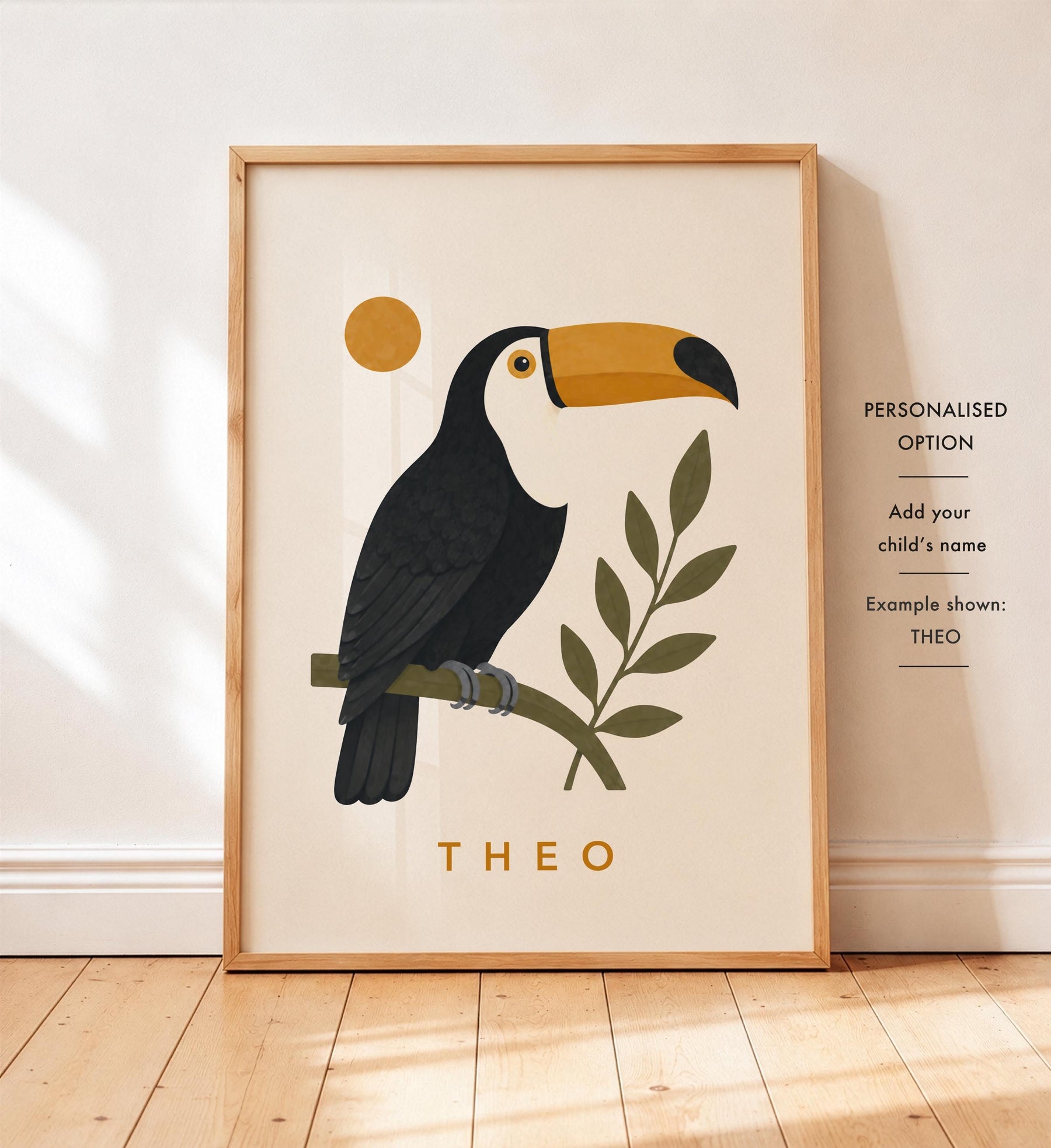 Personalised Toucan Nursery Print, Modern Playroom Tropical Bird Wall Art, Framed or Unframed Poster