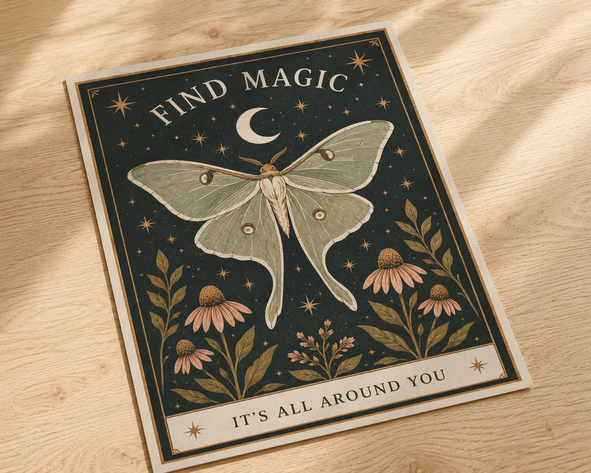 Find Magic Celestial Moth Nursery Print | Inspirational Magic Folk Art Nature Illustration | Framed or Unframed